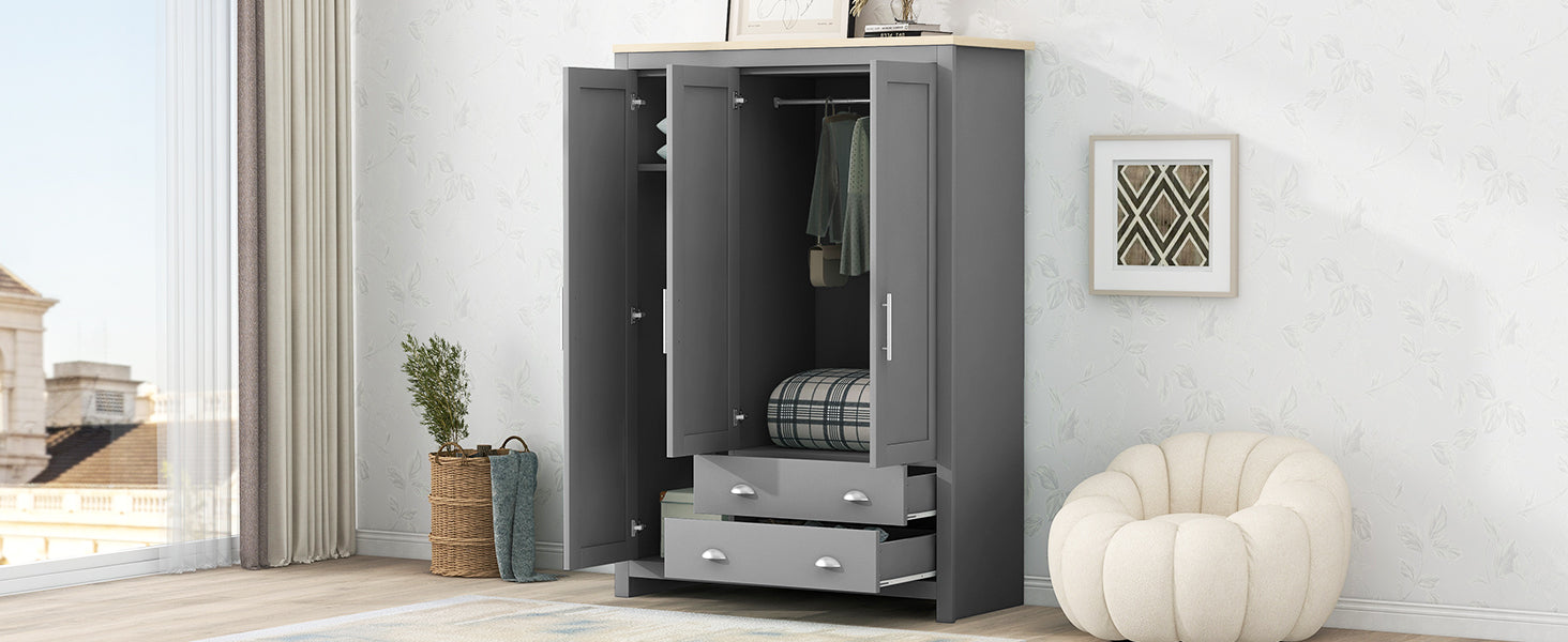 Three Door Storage Wardrobe With Cabinets And Two Hanging Rods,Gray Gray Mdf