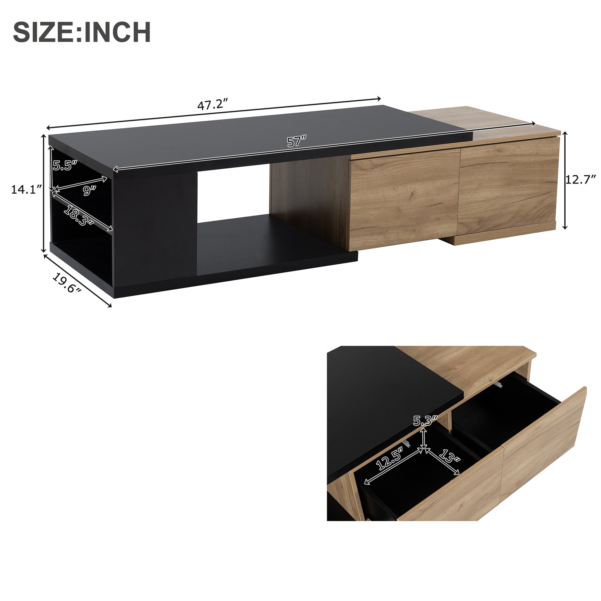 47.2'' 57''W Extendable Coffee Table With 2 Storage Drawers, Dual Tone Wood Center Table With Extendable Sliding Tabletop, Multi Functional Hidden Storage Sofa Table For Living Room, Black Black Primary Living Space Drawers Rectangular Particle Board Mdf