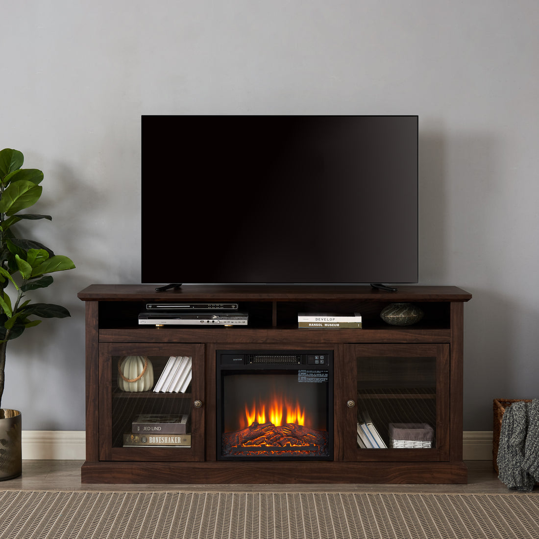 Modern Tv Stand Tv Media Stand Modern Entertainment Console With 18" Fireplace Insert For Tv Up To 65" With Open And Closed Storage Space, Brown, 60"W*15.75"D*29"H Brown 60 69 Inches Mdf