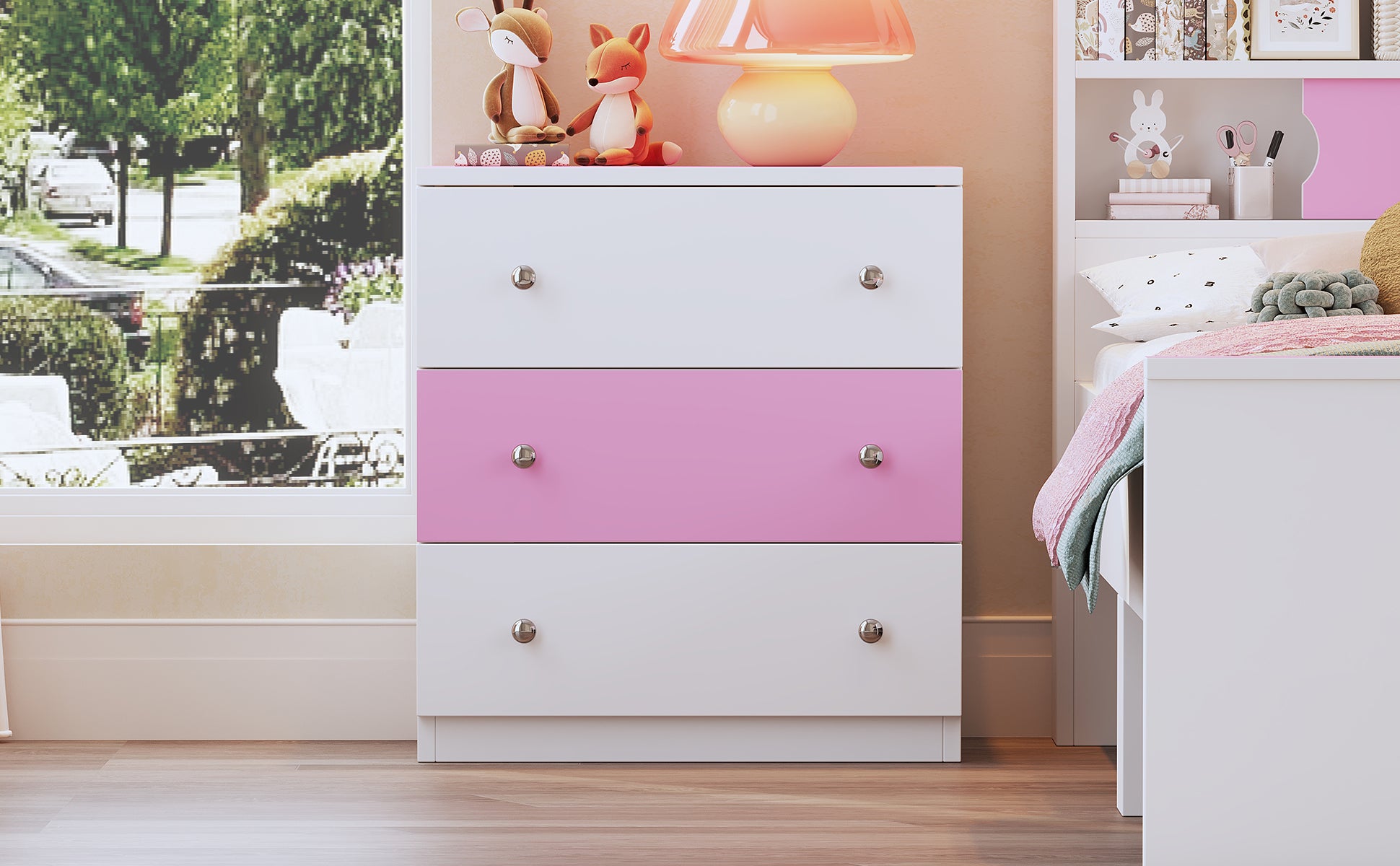 3 Drawer Wooden Nightstand With Colorblock Design And Plastic Handle, Wood Side Table With Storage Cabinet For Bedroom, White Pink White Pink Wood