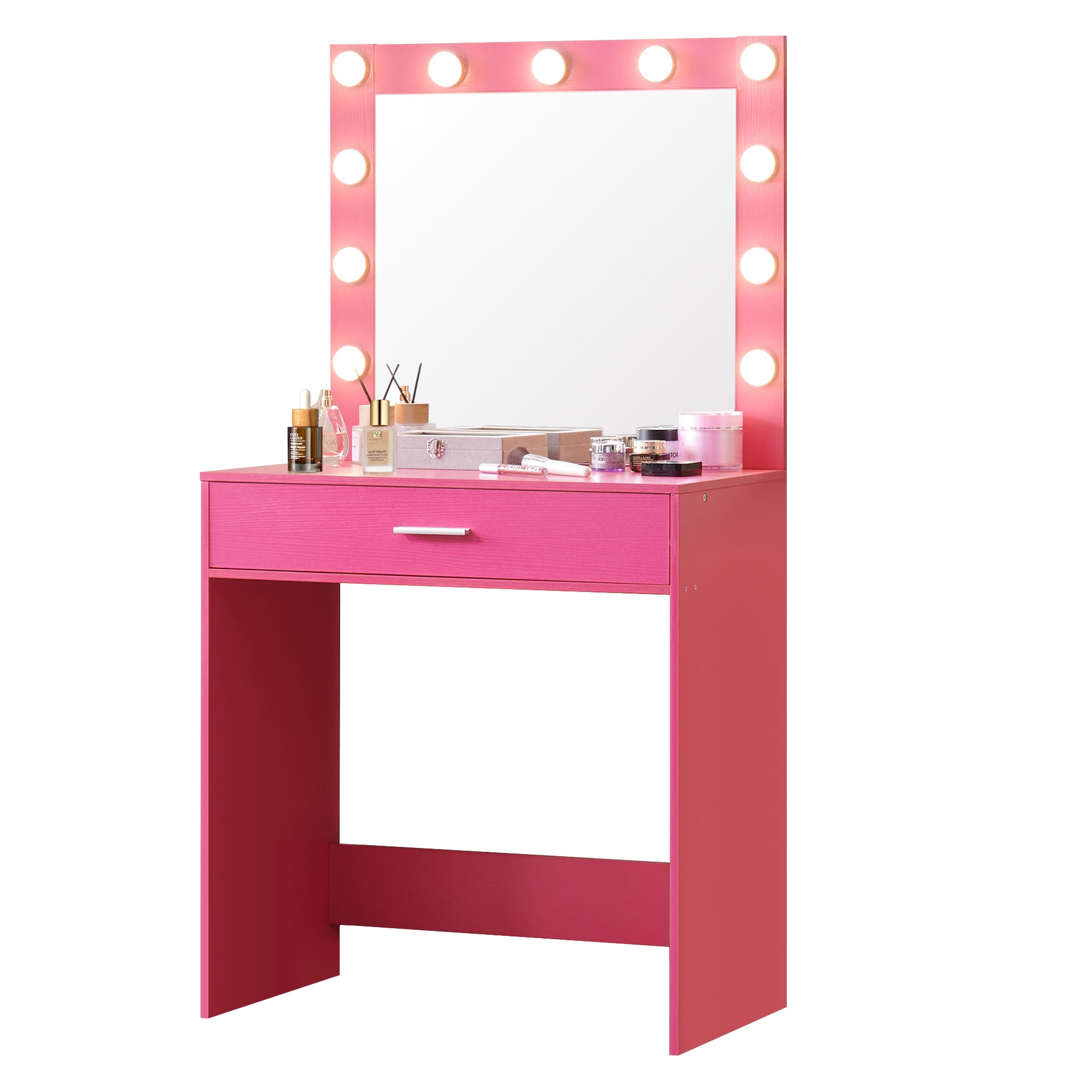 Vanity Desk With Mirror And Lights, Dressing Table With Large Drawer, 1 Level Storage Dresser & 3 Lighting Modes Adjustable Brightness, Suitable For Bedroom Pink Pink Particle Board