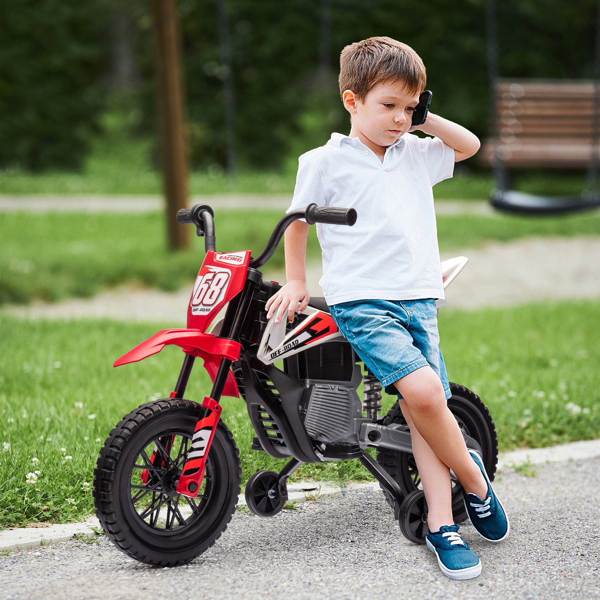 Qaba Kids Dirt Bike With Twist Grip Throttle, 12V Electric Motorcycle, Electric Bike For Toddler With Training Wheels, Rear Suspension & Music For Ages 3 6 Years, Red Red Plastic