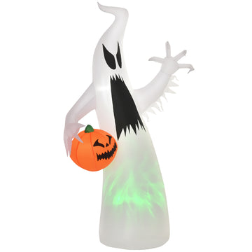 Homcom 5.9' Halloween Inflatable Outdoor Decoration Ghost With Pumpkin, Blow Up Led Yard Decor For Garden, Lawn, Party, Holiday, Waterproof, Green White Polyester