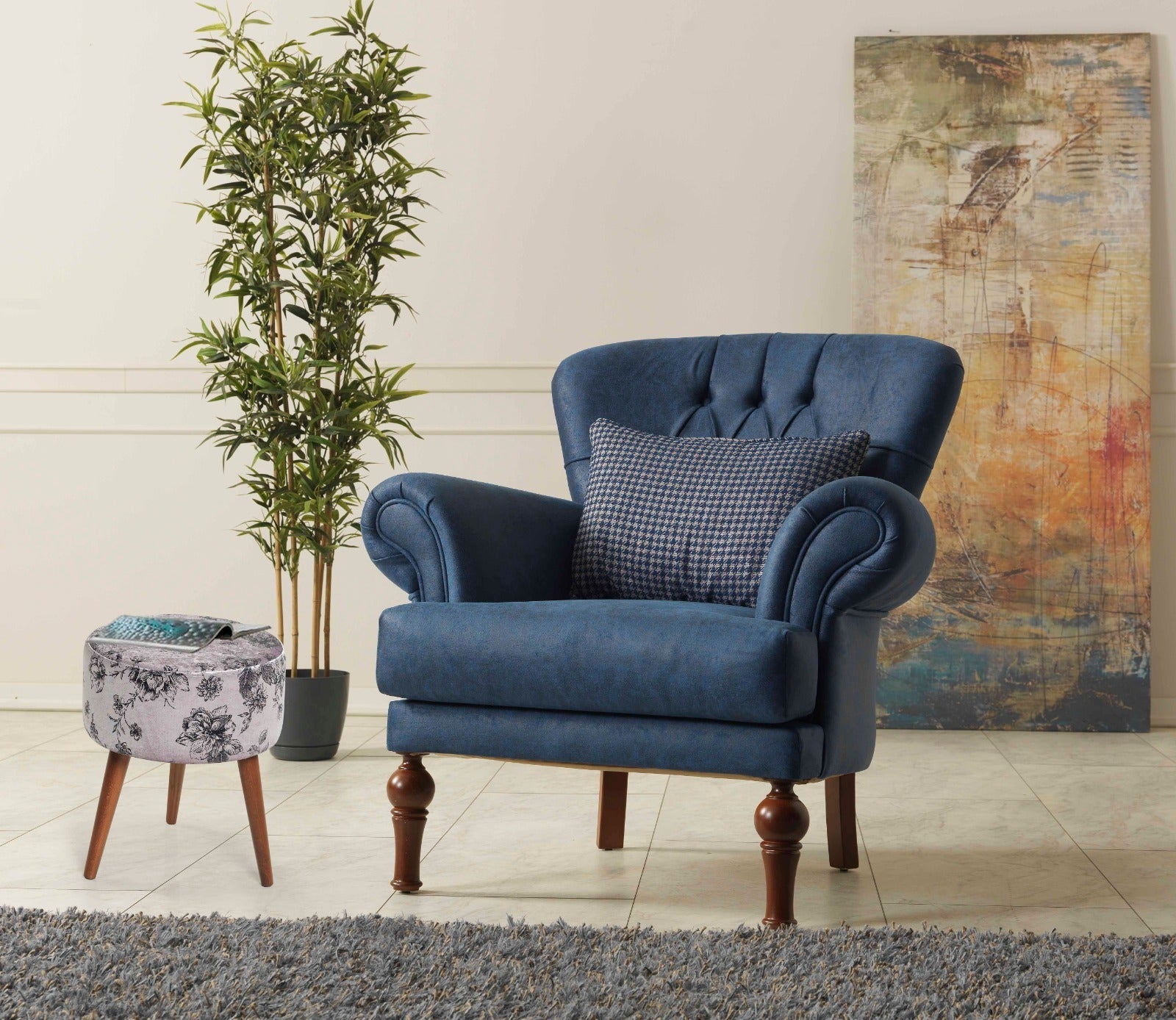 Flora Ottoman 107 Ivory Grey Pattern Ivory Chenille Wood Chenille White Contemporary Oval Foam