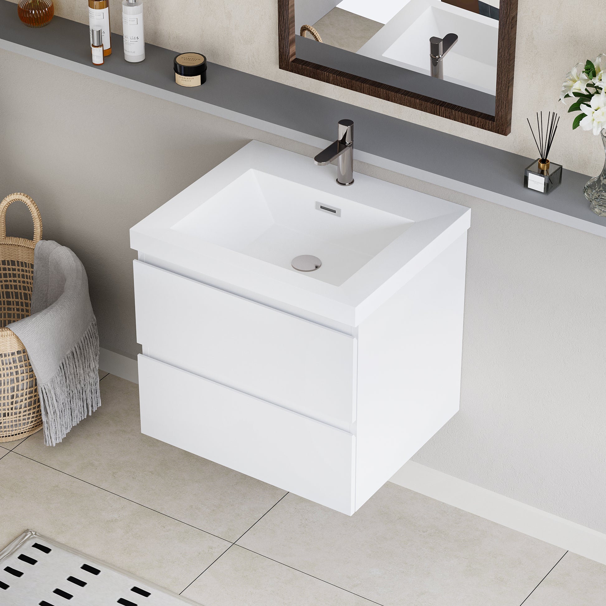 24" Floating Bathroom Vanity with Sink, Modern Wall white-mdf