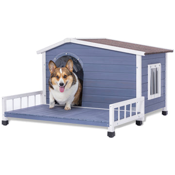 Large Wooden Dog House Indoor Outdoor With Terrace And Open Waterproof Asphalt Roof, Outdoor Dog House With Raised Floor, Windows And Door Curtains, Suitable For Small And Medium Dogs Grey Outdoor Use Dog Solid Wood