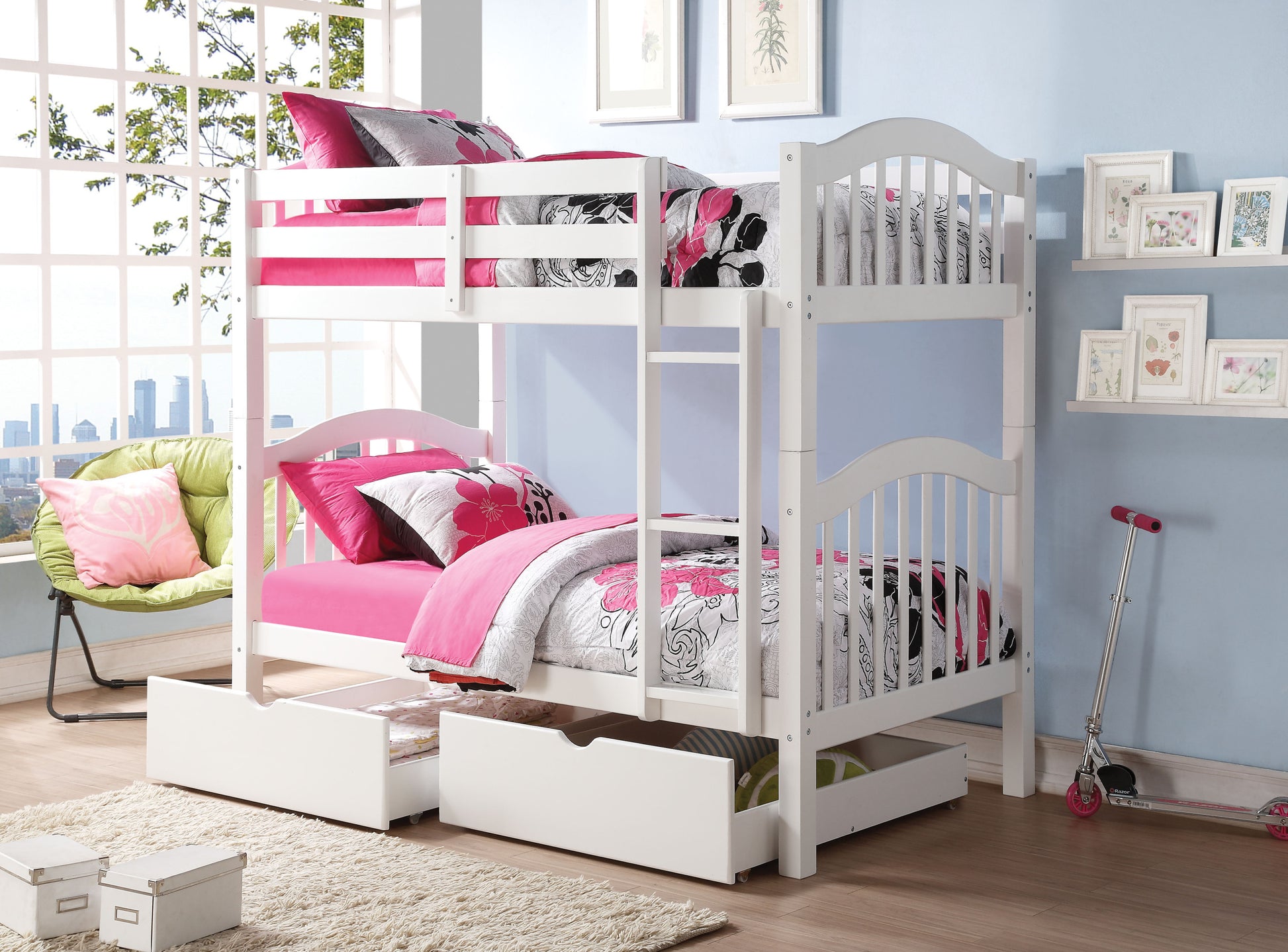 White Twin Over Twin Bunk Bed With Built In Ladder White Wood