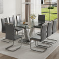 Table And Chair Set. Large Modern Rectangular Table With Glass Top And Silver Metal Legs. Furnished With Soft And Comfortable Pu Chairs With Faux Leather Upholstered Seats And Silver Metal Legs. Gray Silver Seats 8 Glass Metal