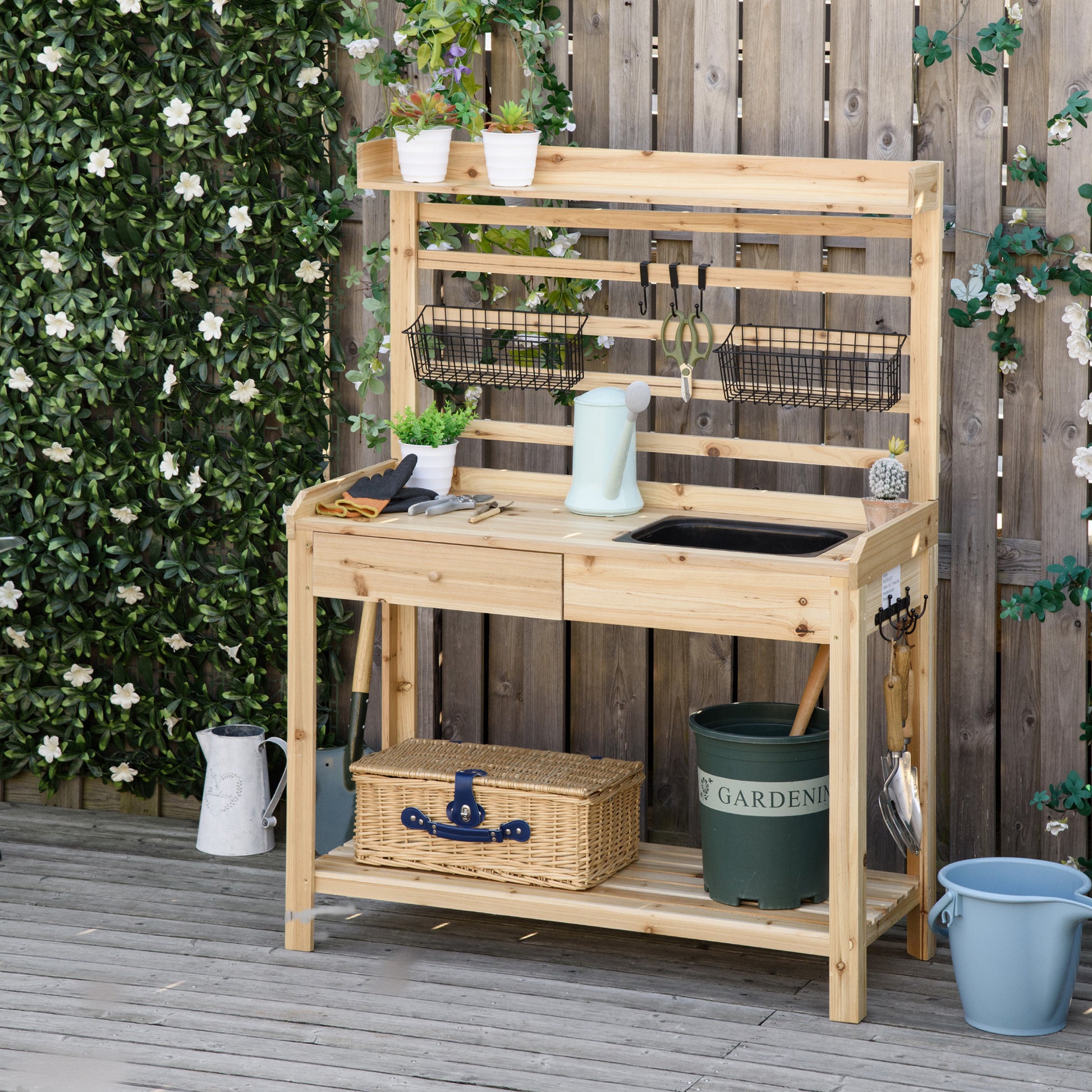 Outsunny Potting Bench Table, Garden Work Bench, Workstation With Metal Sieve Screen, Removable Sink, Additional Hooks And Baskets For Patio, Courtyards, Balcony, Natural Natural Wood