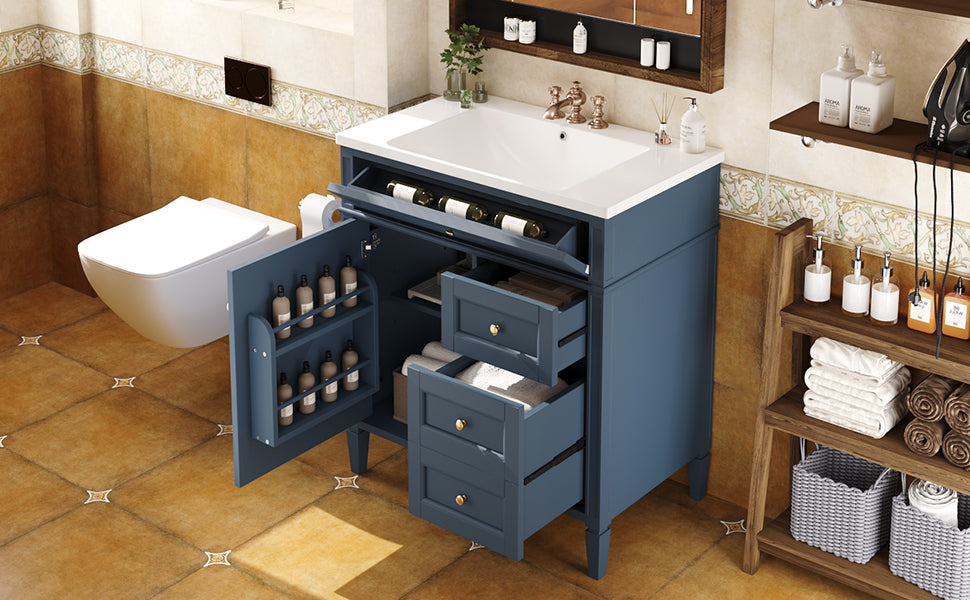 30'' Bathroom Vanity With Top Sink, Modern Bathroom Storage Cabinet With 2 Drawers And A Tip Out Drawer, Single Sink Bathroom Vanity 3 Blue 1 2 Adjustable Hinges Bathroom Freestanding Modern Solid Wood Mdf Resin Painted