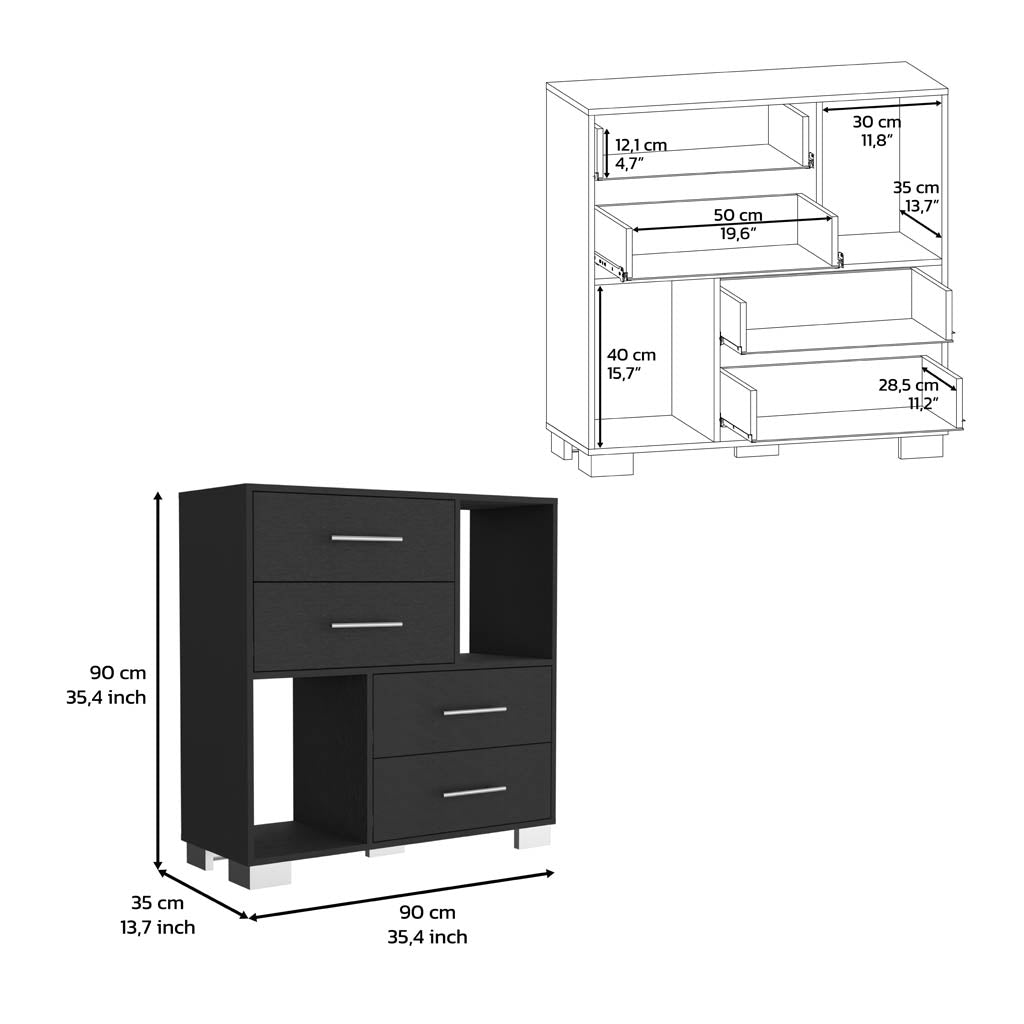 Dresser 35"Htwo Open Shelves, Four Drawers, Metal Handles, Black Black Particle Board Particle Board