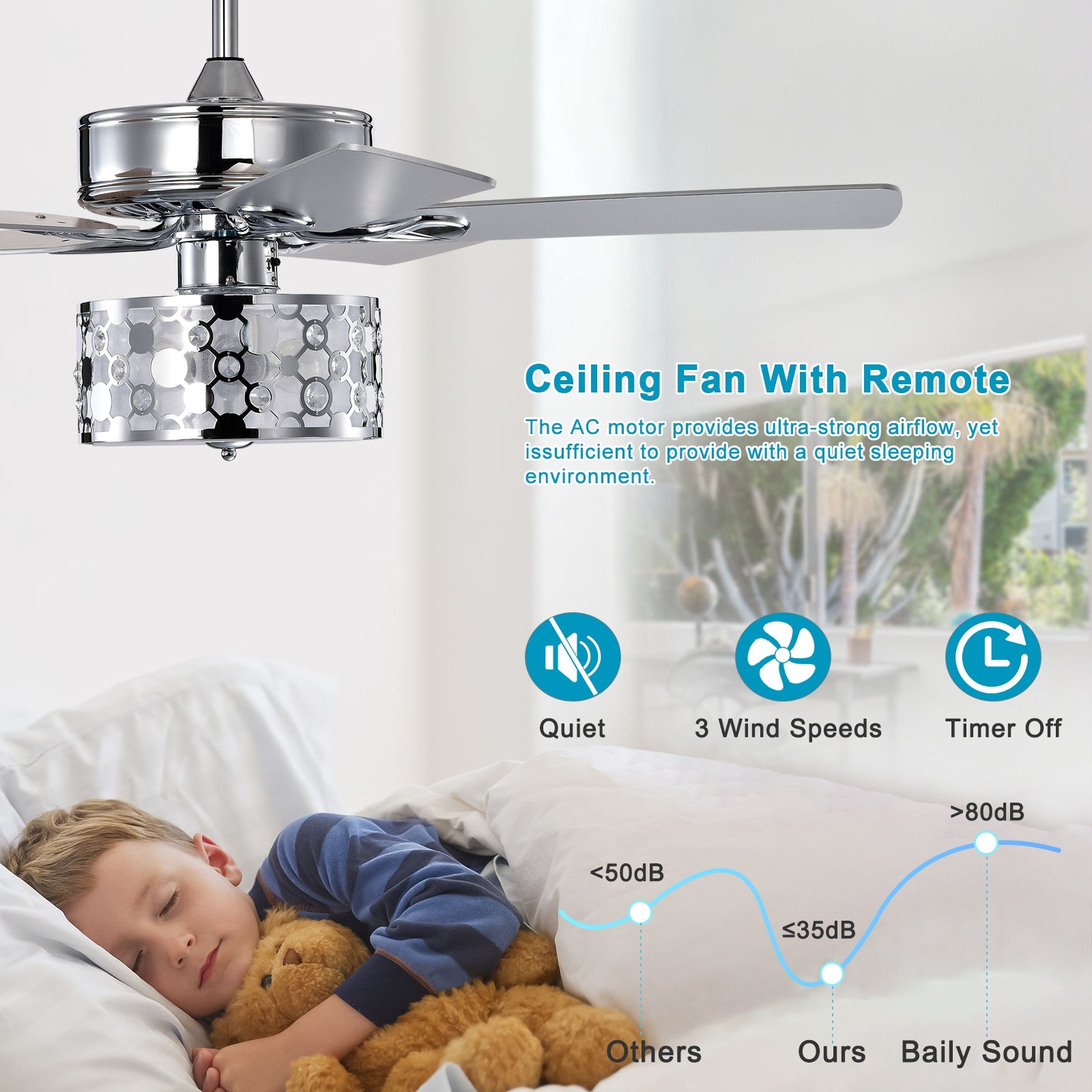 52" Elegant Ceiling Fan Light With Remote, Crystal Chandelier Fan 5 Chrome Reversible Wood Blades For Dinning Room Bedroom Living Room Chrome American Design,Farmhouse,Traditional Crystal Iron