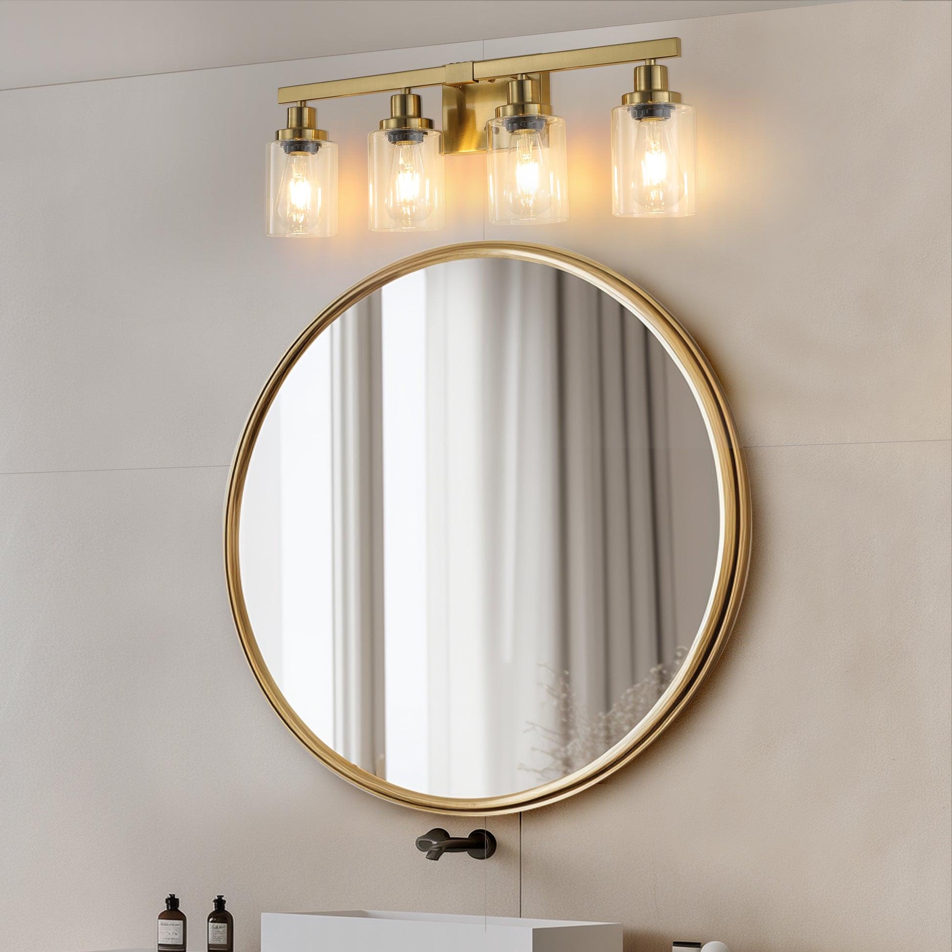 Golden 4 Light Vanity Light With Clear Glass Shades, Modern Iron Metal Bathroom Wall Fixture For Mirror, Ideal For Bathroom And Dressing Table No Bulbs Golden Glass,Iron