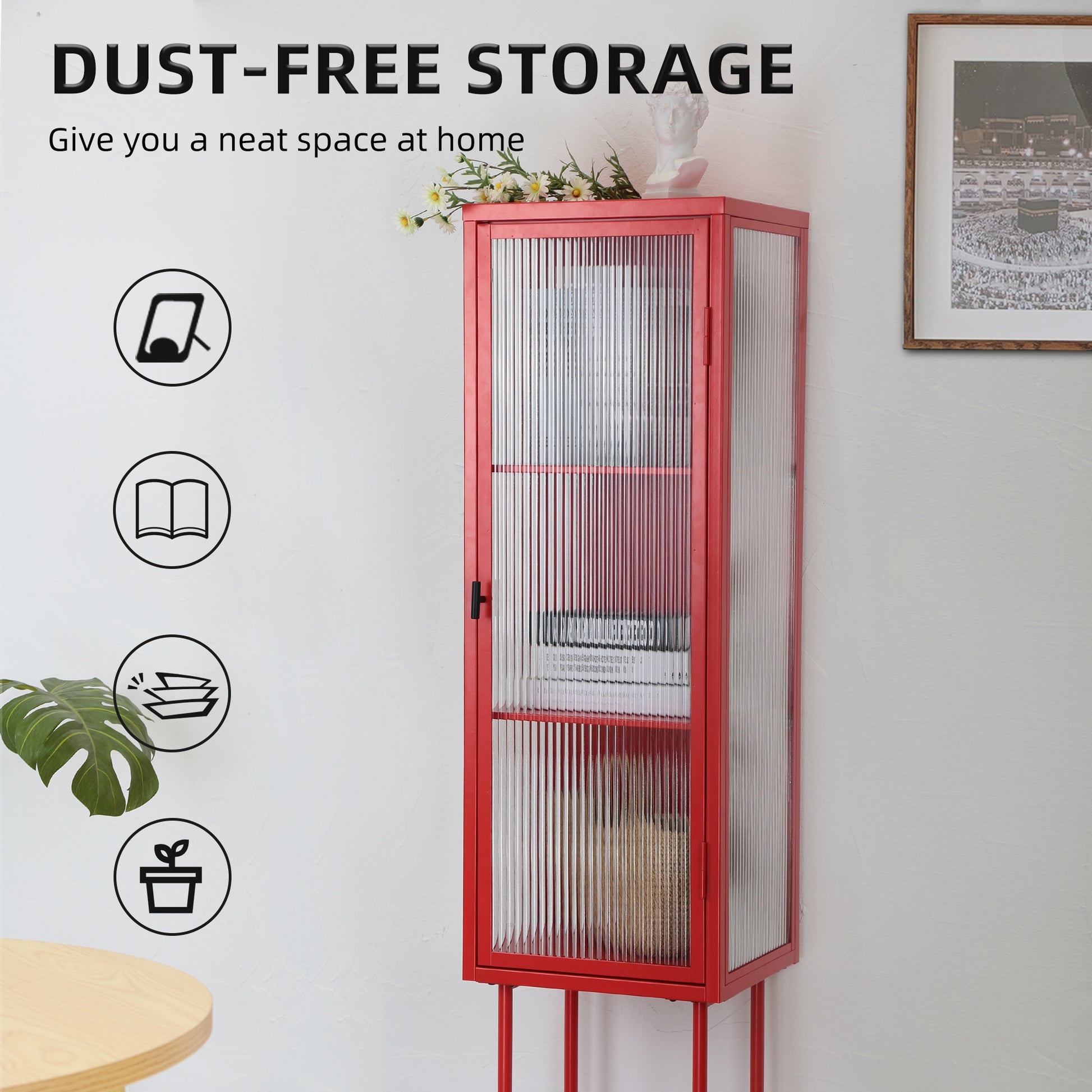 Retro Style Freestanding Metal Tall Display Cupboard With Glass Door And Three Detachable Shelves For Office, Living Room, Kitchen Console Sideboard,Bedside Entryway Red Old Sku:W68751719 Red Steel