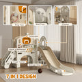 Qaba 7 In 1 Toddler Slide Playset, Kids Slide For Ages 1 6 Years With Ring Toss, Basketball Hoop, Telescope, Indoor Playground With Climber, Storage Space, Crawl Tunnel, Cream White Cream White Hdpe