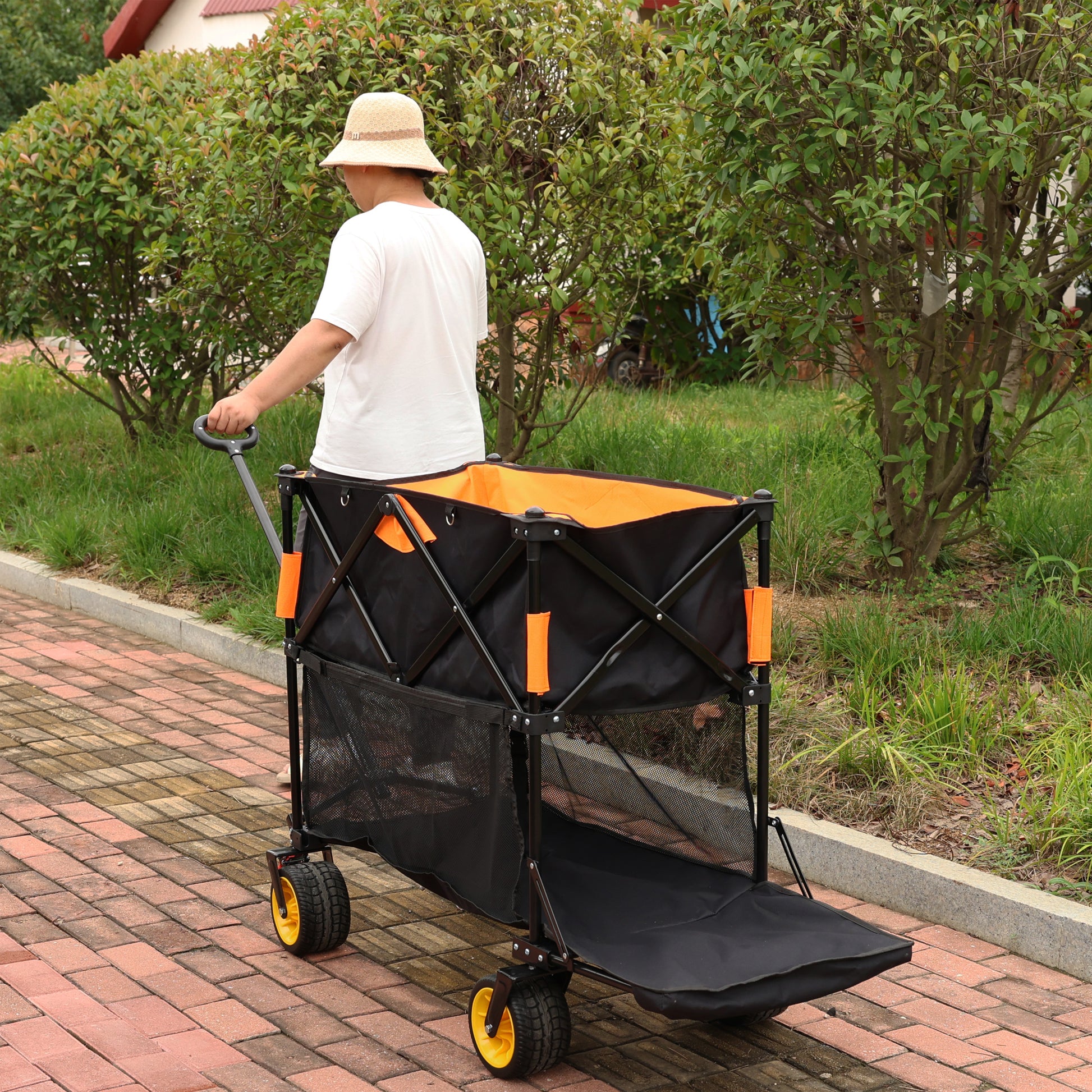 Big Large Capacity Folding Cart Extra Long Extender Wagon Cart Folding Wagon Garden Shopping Beach Cart Black Orange Black Garden & Outdoor Iron,Oxford Fabric