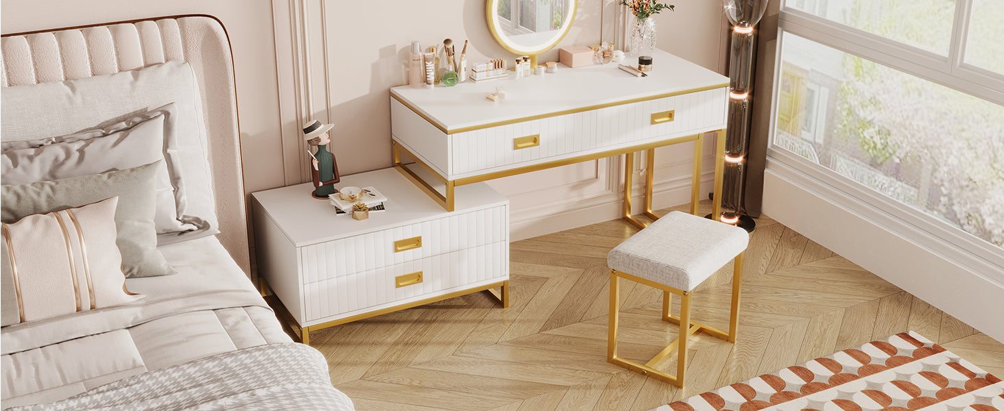 Modern Style Vanity Table With Movable Side Cabinet And 4 Drawers, Large Size Dressing Table With Mirror And 3 Colors Led Light, Makeup Table With Stool, White, Lden Legs Gold White 4 Drawers Mdf Metal