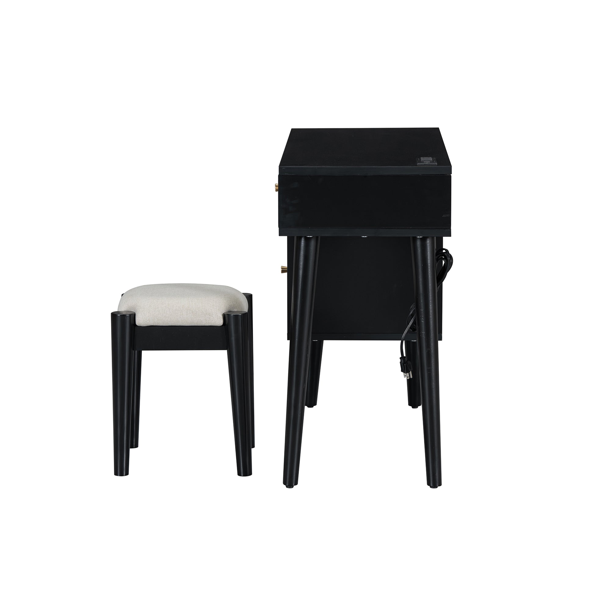 39" Retro Bohemian Style Wooden Makeup Vanity Set With Charging Plug&Usb Port And Stool, Dressing Table With 3 Storage Drawers And 1 Rectangular Rattan Drawer, Black Black 4 Drawers Wood