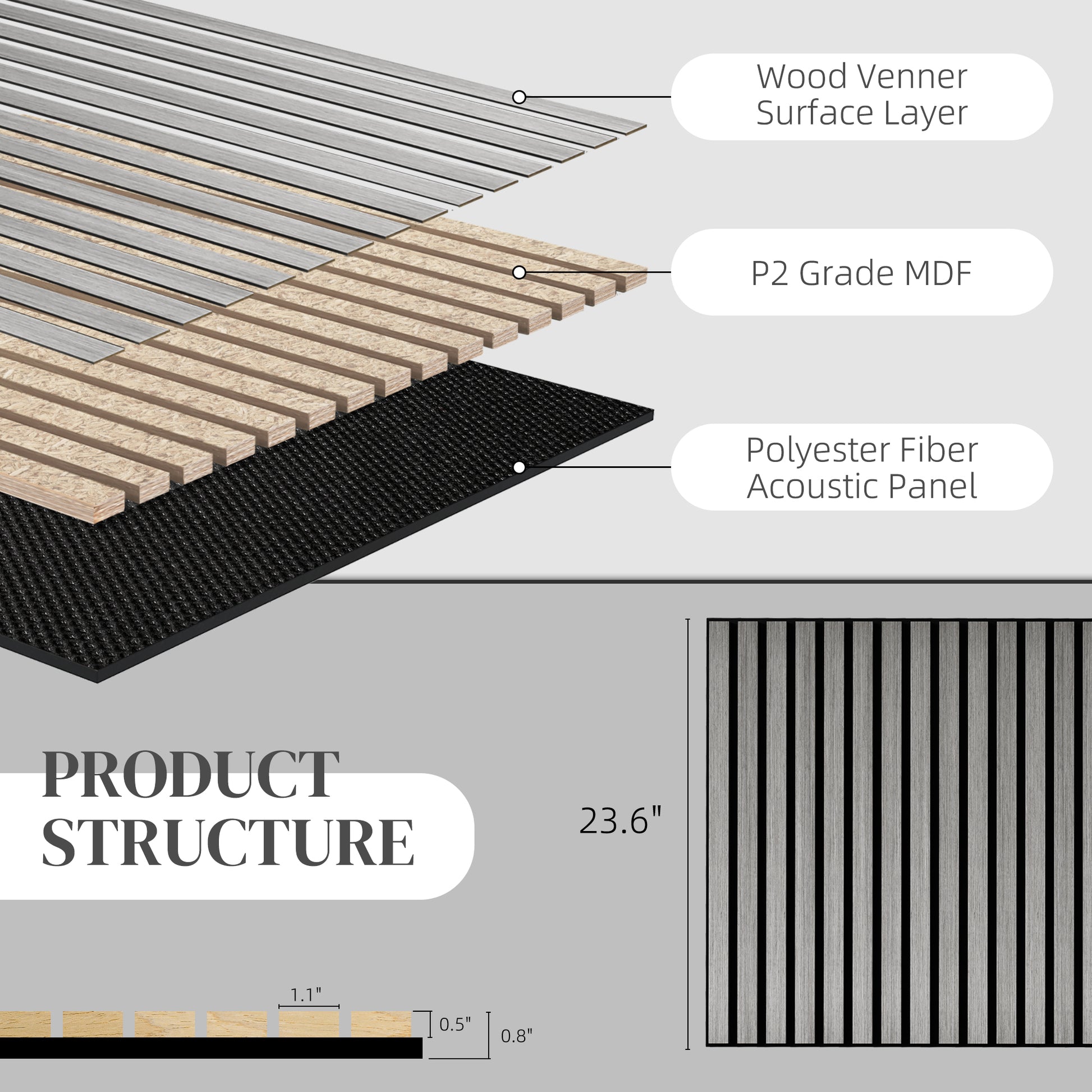 Homcom 4 Pack 3D Faux Wood Wall Panels, 24" X 24" Sound Absorbing Acoustic Panels, Wood Slat Wall Panels For Interior Wall Decor, Ceiling, Gray Gray Mdf