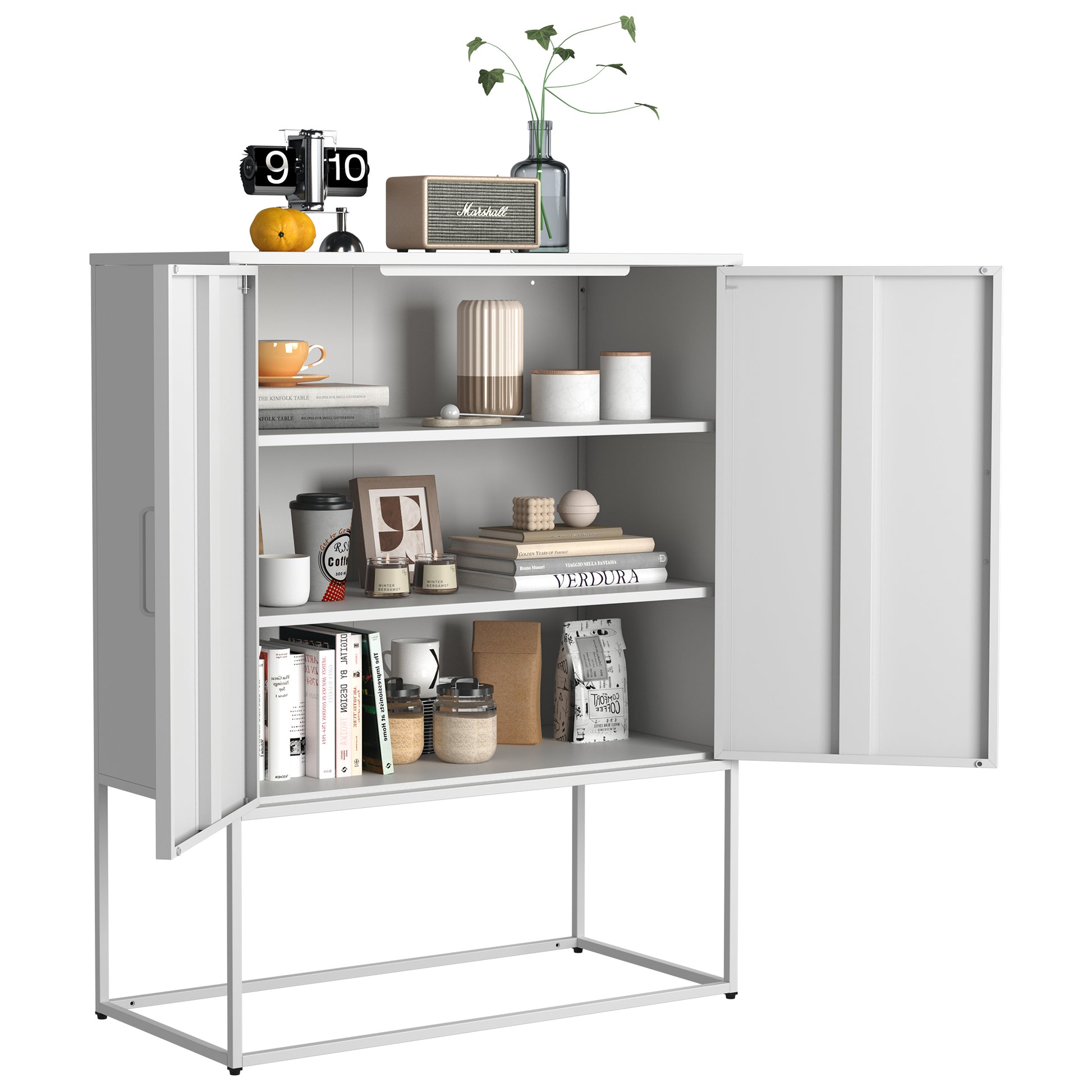 Heavy Duty Metal Buffet Sideboard Modern Steel Storage Cabinet With 2 Shelves, Free Standing Accent Cabinet With Magnetic Doors For Bedroom, Kitchen, And Home Office, Anti Tip Design Easy Assemble Accent Chests 1 2 Shelves Antique White Primary Living