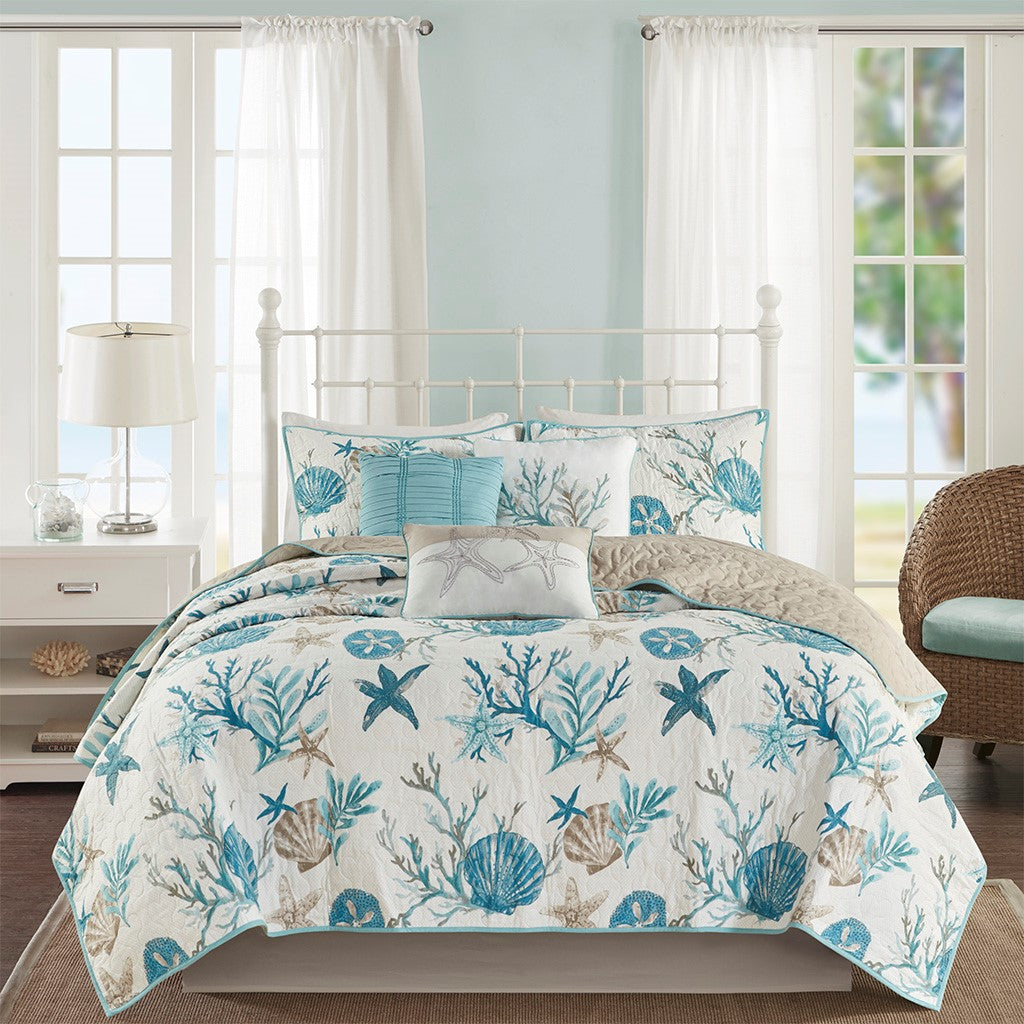 6 Piece Cotton Sateen Quilt Set With Throw Pillows Aqua Full Queen Full Aqua Cotton