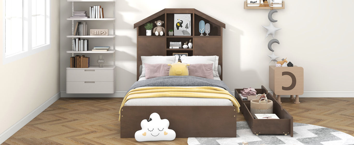 Twin Size Wood Platform Bed with House shaped Storage box spring not