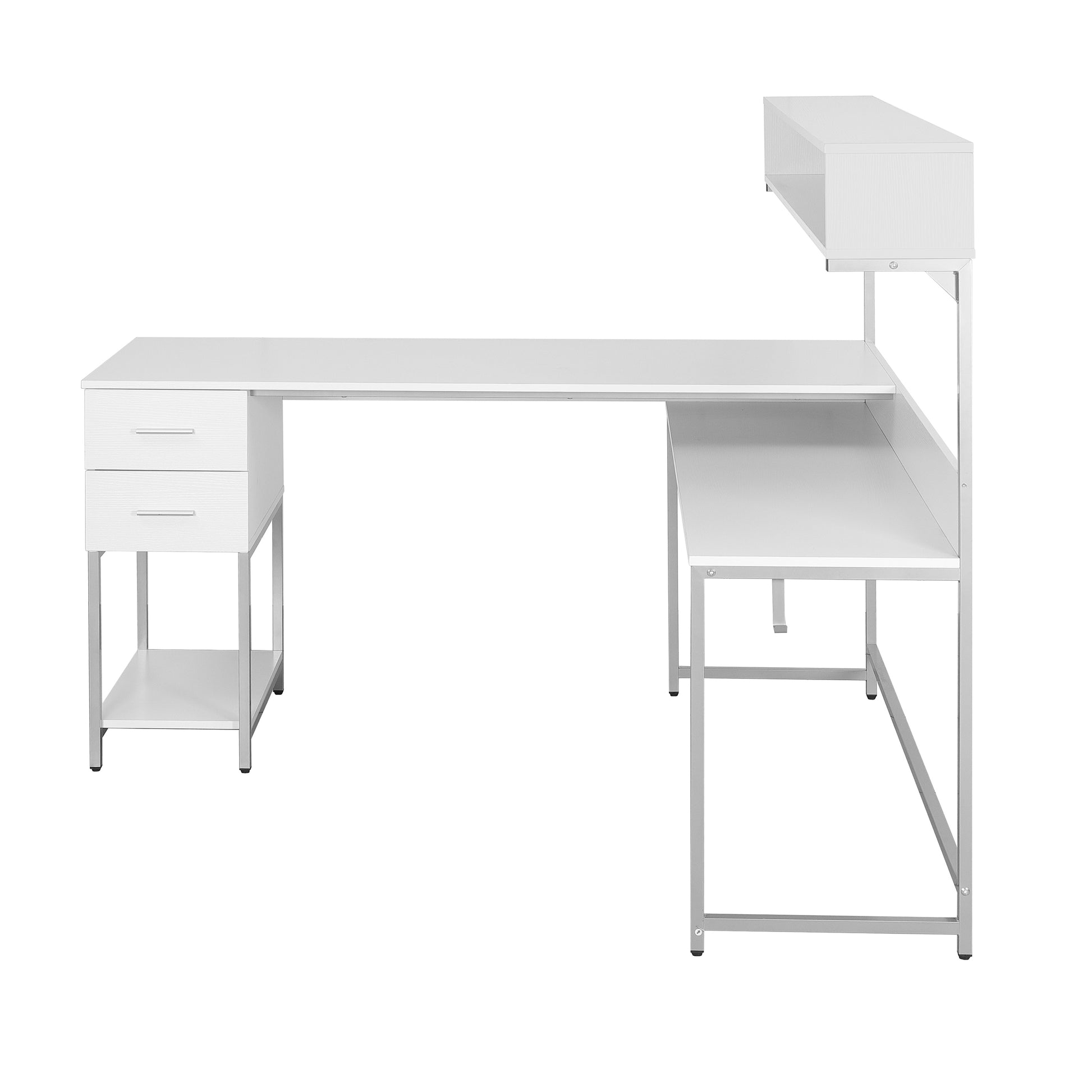 Techni Mobili L Shape Desk With Hutch And Storage, White White Computer Desk Office Modern L Shape Engineered Wood