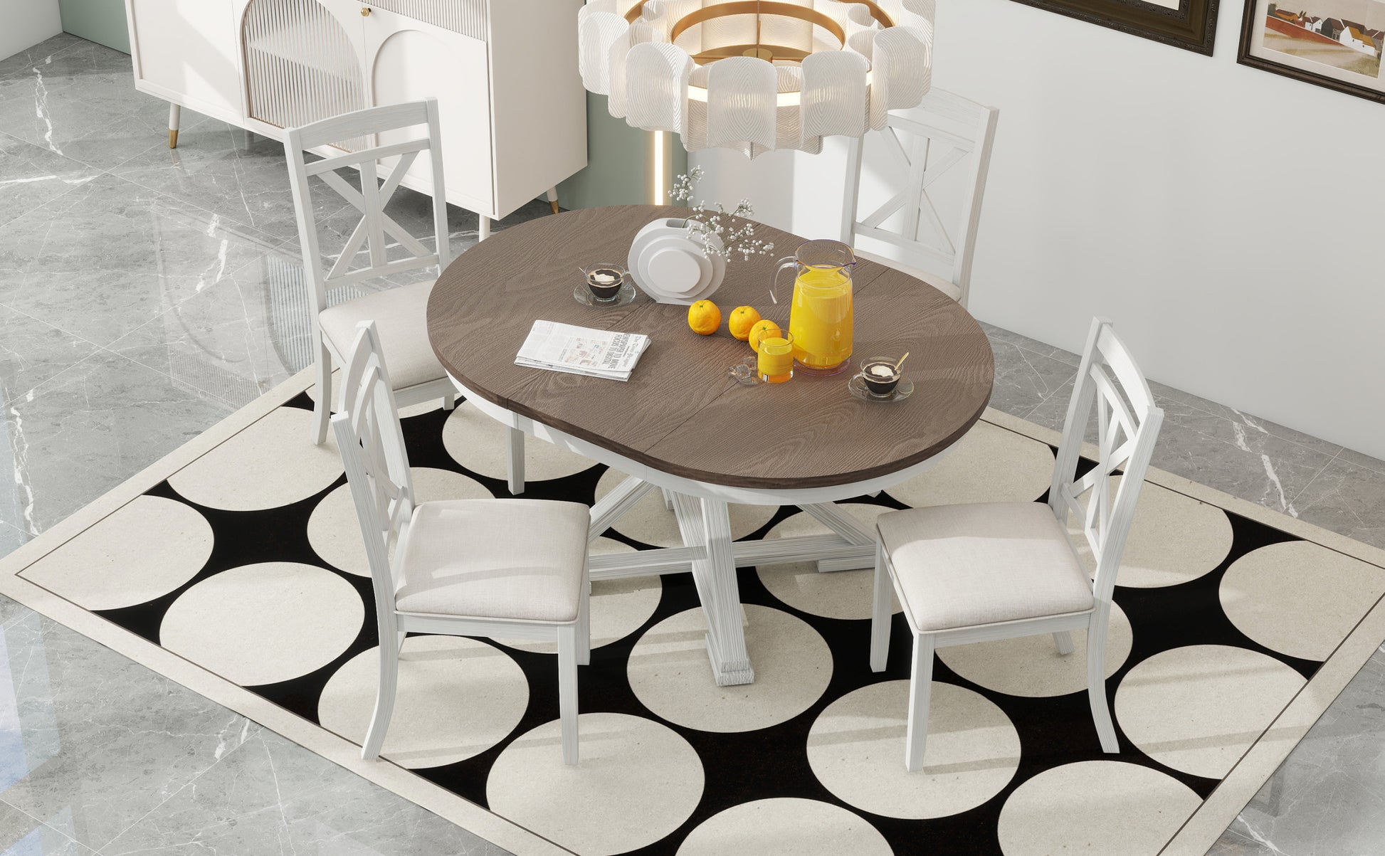 5 Piece Retro Functional Dining Table Set Extendable Round Table And 4 Upholstered Chairs For Dining Room And Living Room Brown Antique White Brown Antique White Solid Wood