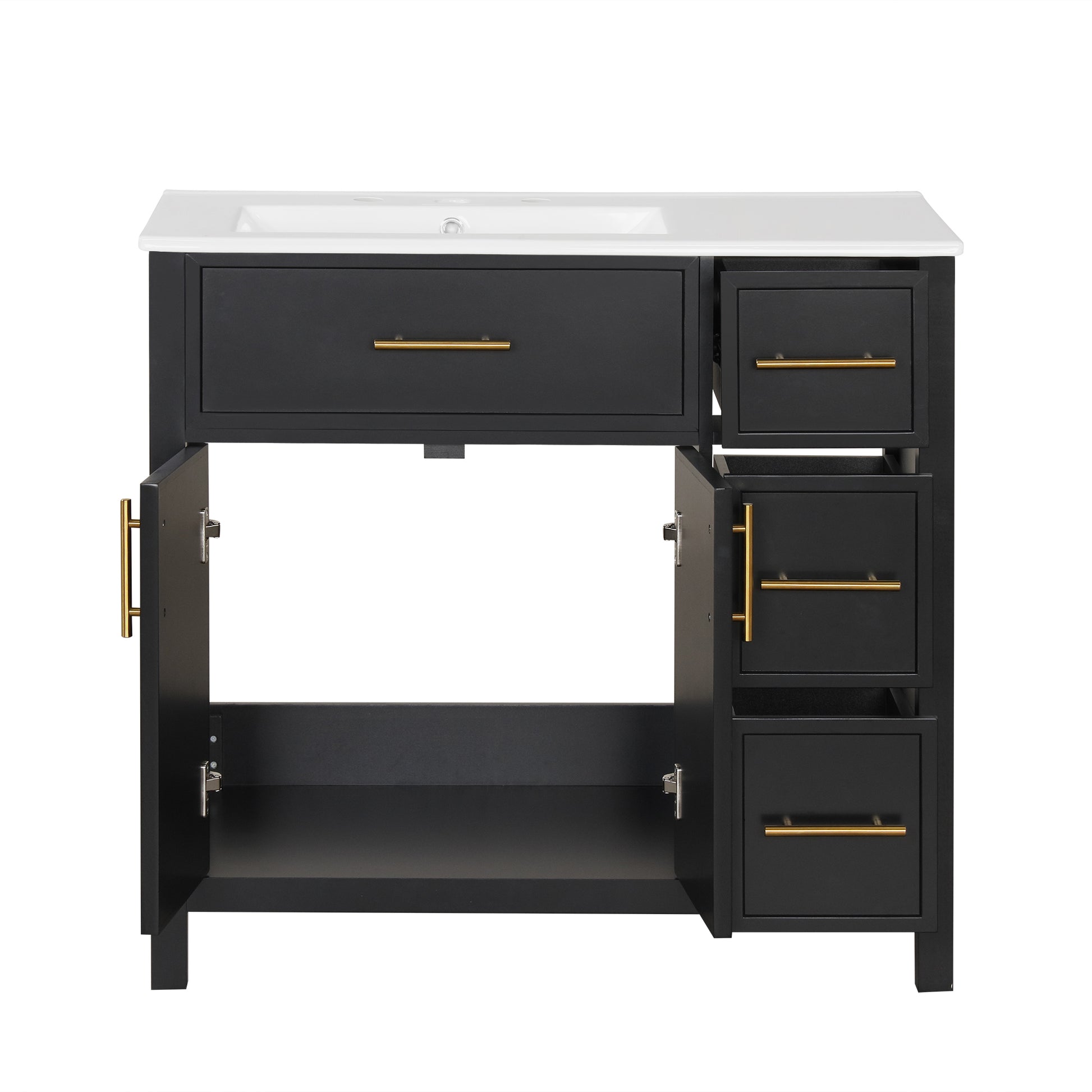 36" Bathroom Vanity With Sink Top, Bathroom Vanity Cabinet With Two Doors And Three Drawers, Solid Woodmdf Boards ,One Package, Black Black Solid Wood Mdf