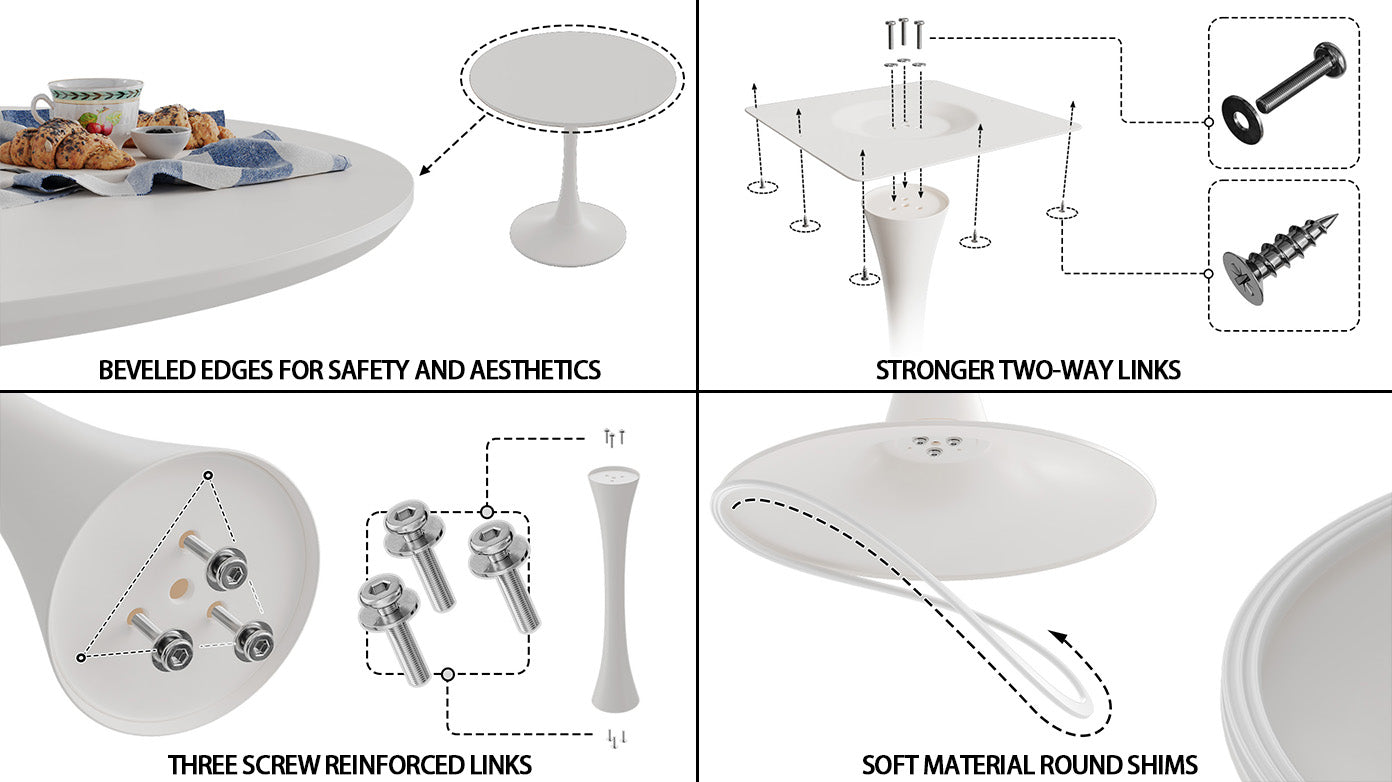 31.5 " White Circular Dining Table, Tulip Dining Table, Kitchen Dining Table For 2 4 People, Mdf Tabletop And Base, And 2 Gray Pu Plating Silver Metal Leg Dining Chair Set 2 White Mdf