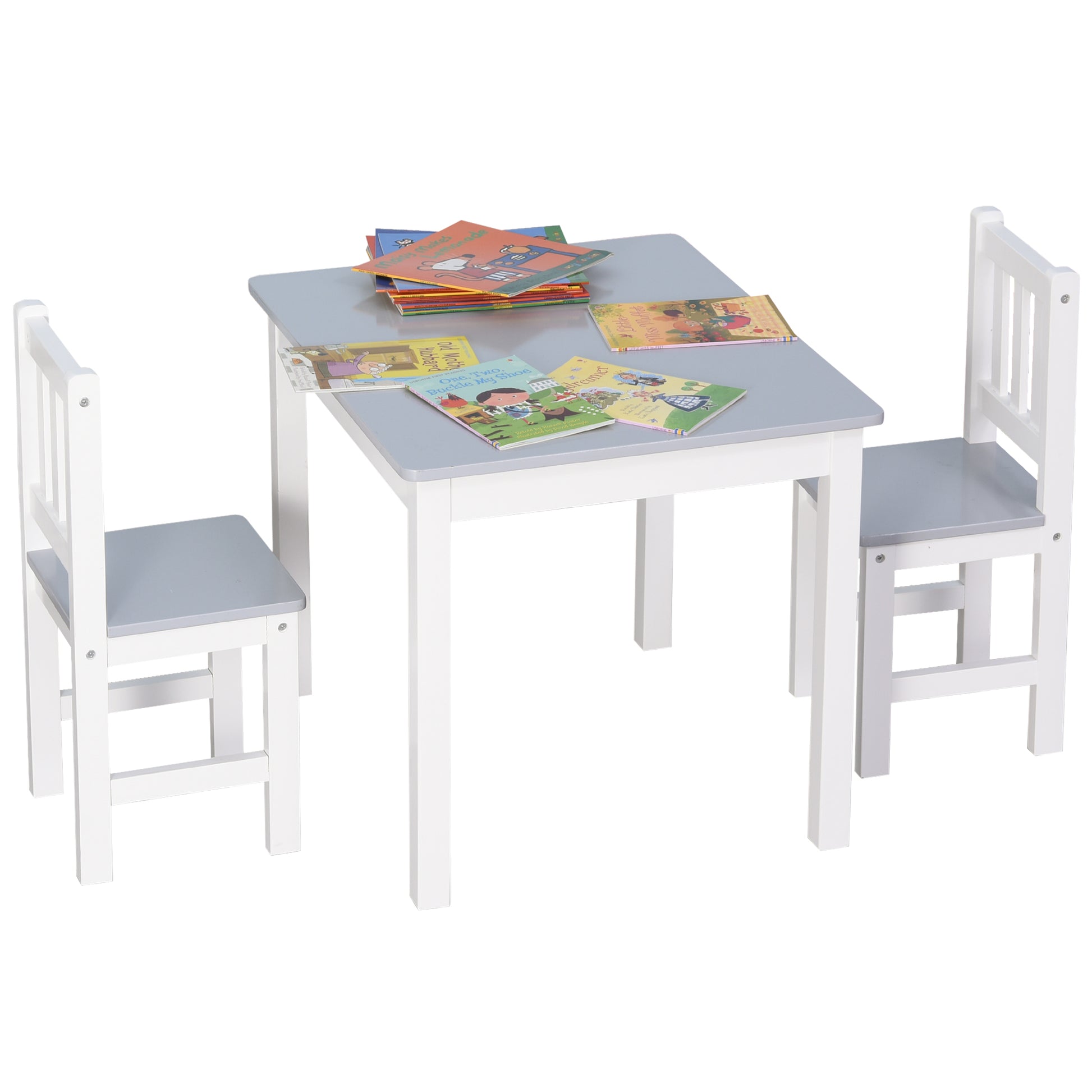 Qaba Kids 3 Piece Table And Chair Set Ideal For Arts, Meals, Lightweight Wooden Homework Activity Center, Toddlers Age 3 , Grey Grey Wood