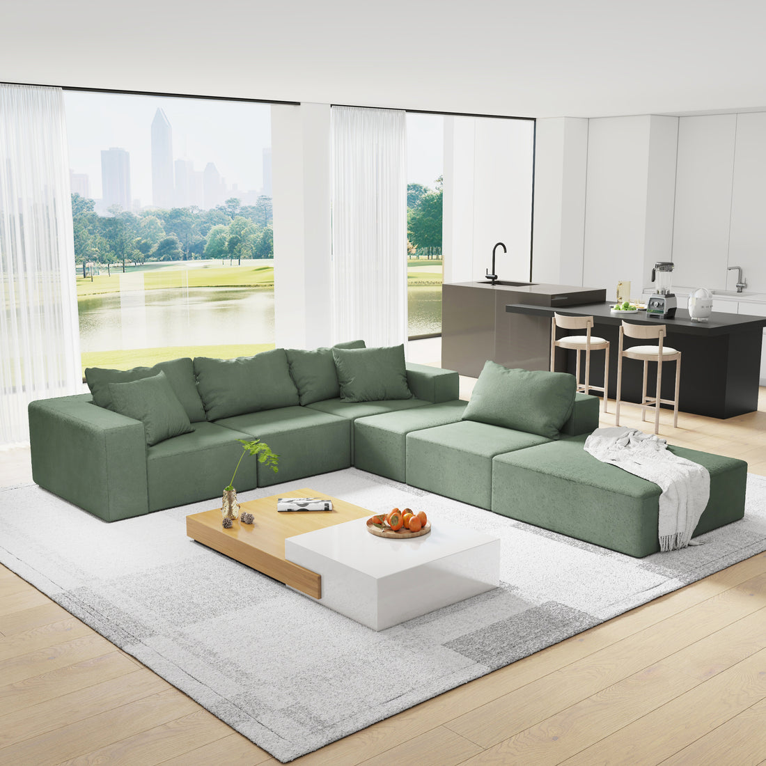 Modern Upholstered Sectional Sofa Couch Set,Modular 132" L Shaped Sectional Living Room Sofa Set With 6 Pillows,Free Combination Sofa Couch For Living Room,Bedroom Green Foam Chenille 6 Seat