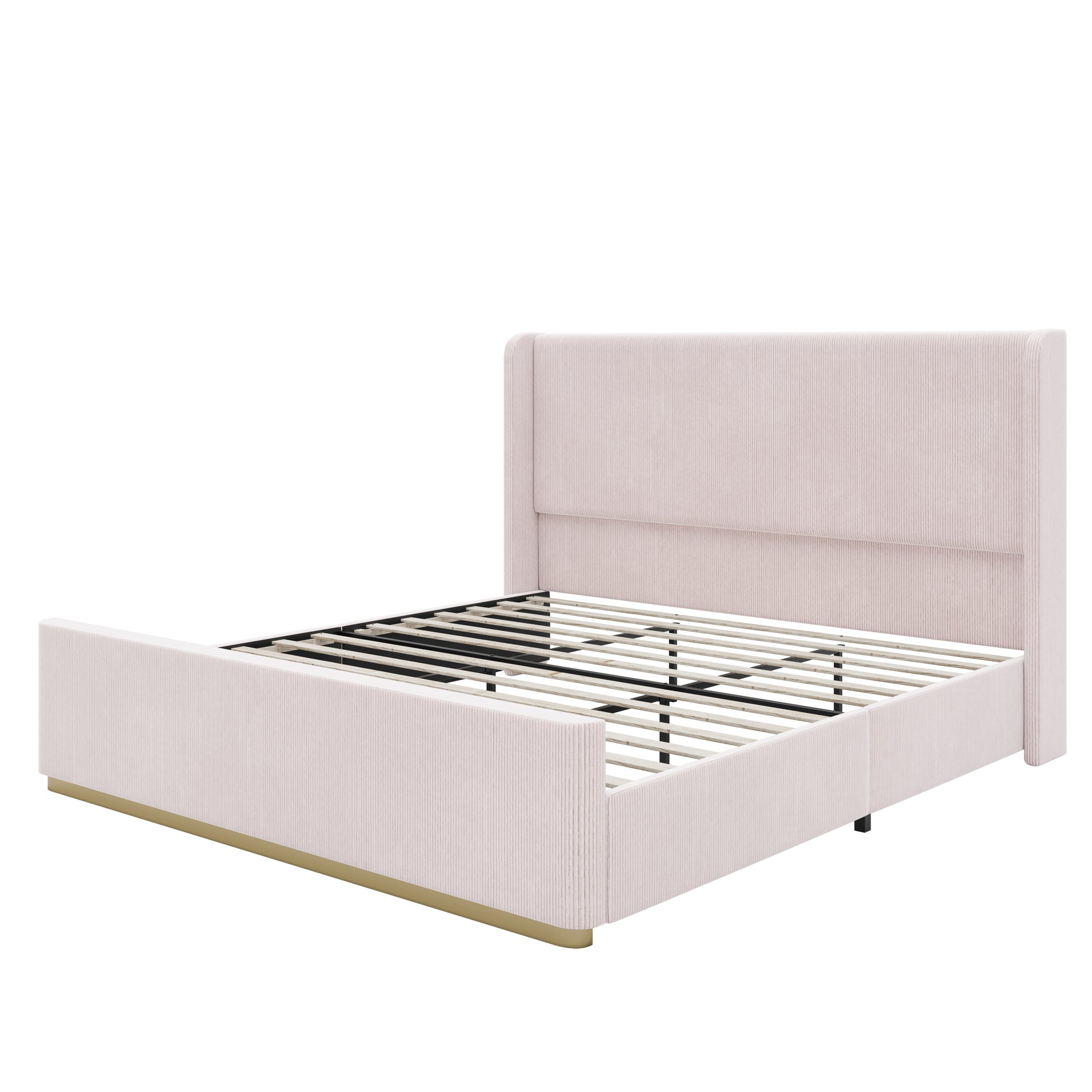 King Size Corduroy Upholstered Bed Frame With Vertical Stripe Wingback Headboard And High Footboard, Pink Pink Wood