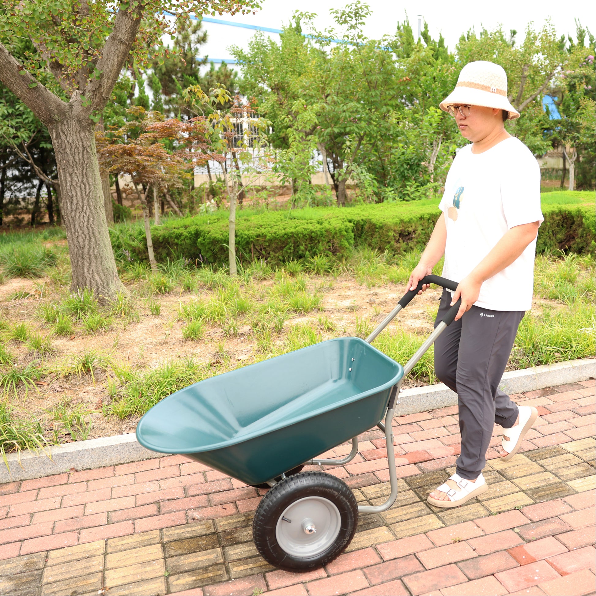 Wheel Barrow Two Wheeled Trolley For Green Garden 15 Inch Pneumatic Wheel Wb1001Gn Green Abs Steel Q235