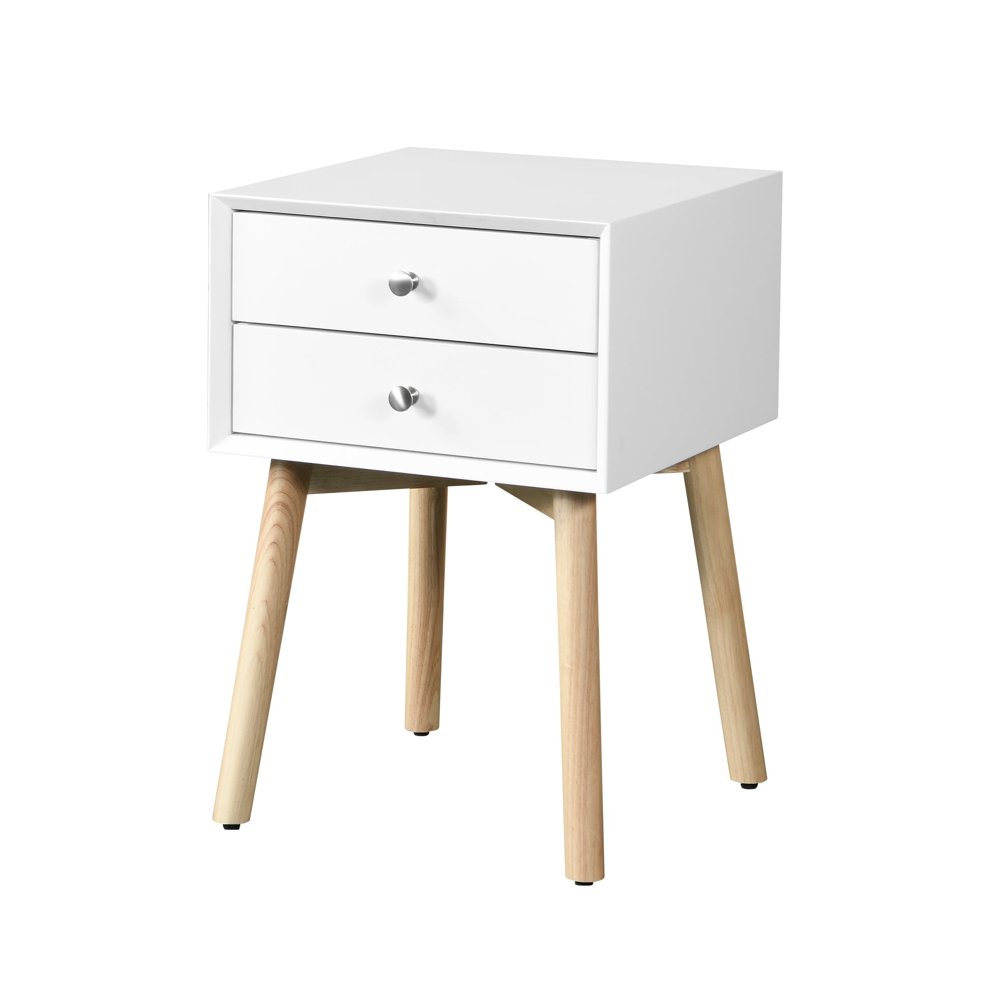 Side Table,Bedside Table With 2 Drawers And Rubber Wood Legs, Mid Century Modern Storage Cabinet For Bedroom Living Room, White White Mdf