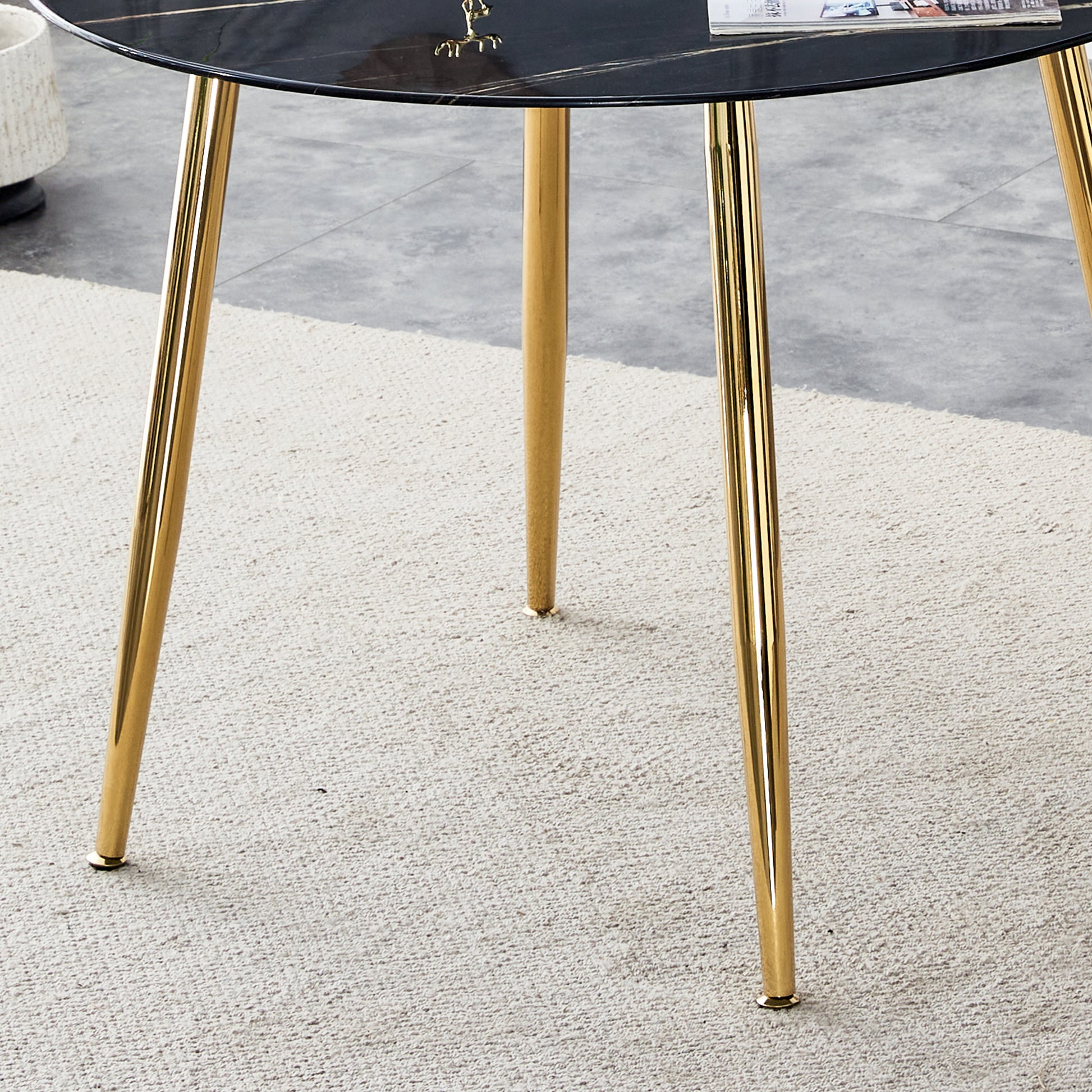 1 Table And 4 Chairs, A Modern Minimalist Circular Dining Table With A 40 Inch Black Imitation Marble Tabletop And Gold Plated Metal Legs, And 4 Modern Gold Plated Metal Leg Chairs. Black Gold Seats 4 Glass