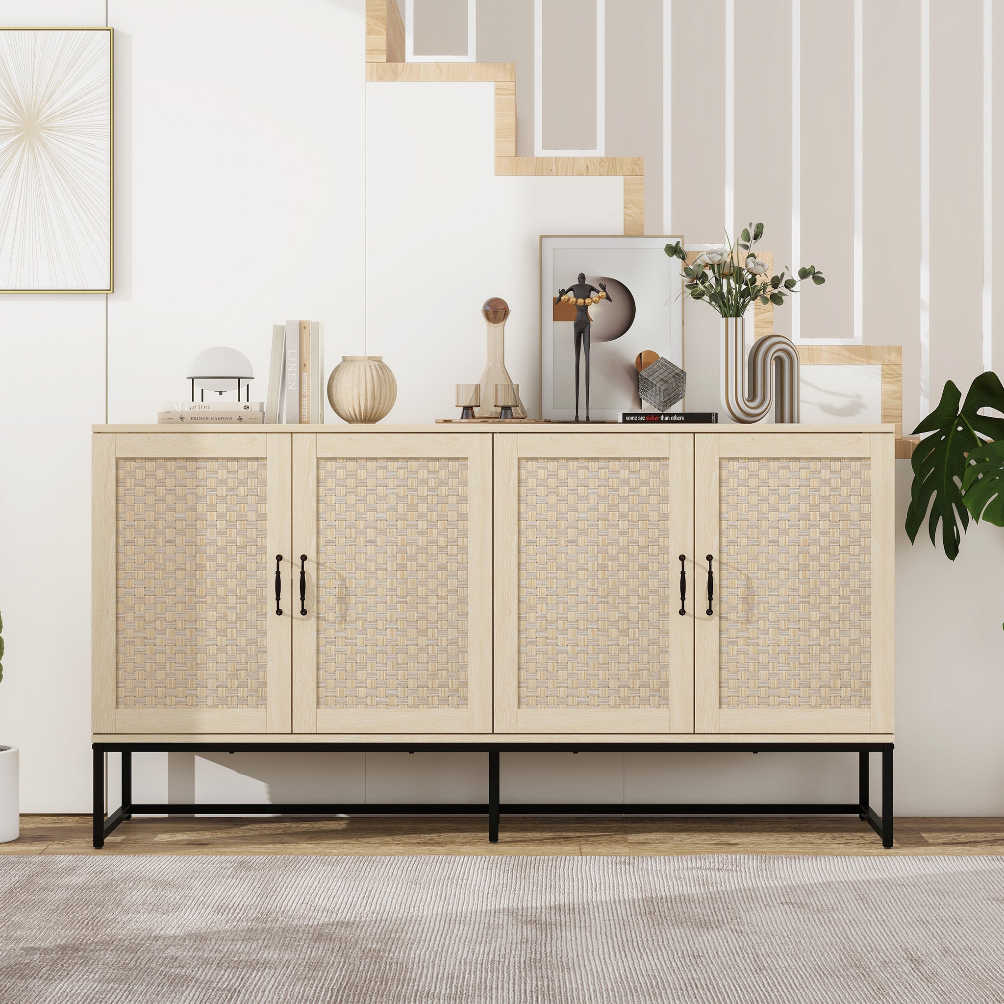 Rattan 4 Door Sideboardsideboard Buffet Storage Cabinet,Accent Storage Cabinetlarge Cabinet With 4 Rattan Decorated Doors For Living Room Dining Room Natural Particle Board Mdf