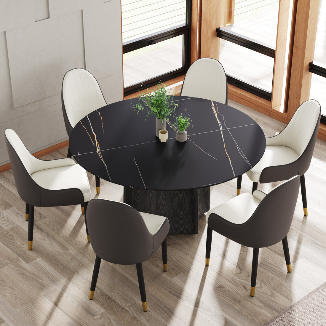 59.05" Round Marble Dining Table With Black Textured Solid Wood Base, Artificial Marble For 6 8 People, Dining Room Living Room Kitchen Dining Table,Black Dining Table Only Black Dining Room Modern