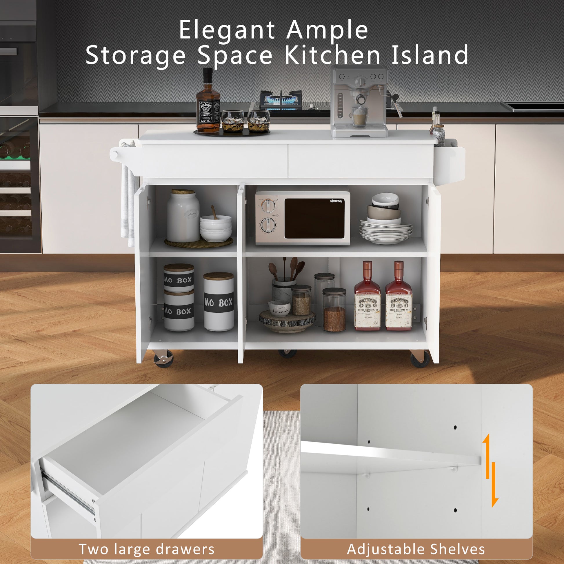 K&K 53.2'' Kitchen Island With Drop Leaf, Kitchen Storage Cart With Spice Rack, Towel Rack And 2 Drawers, Rolling Kitchen Island On Wheels With Adjustable Shelves For Kitchen, Dining Room, White White Brown Kitchen Artsy,Casual,Classic,Minimalist,Modern