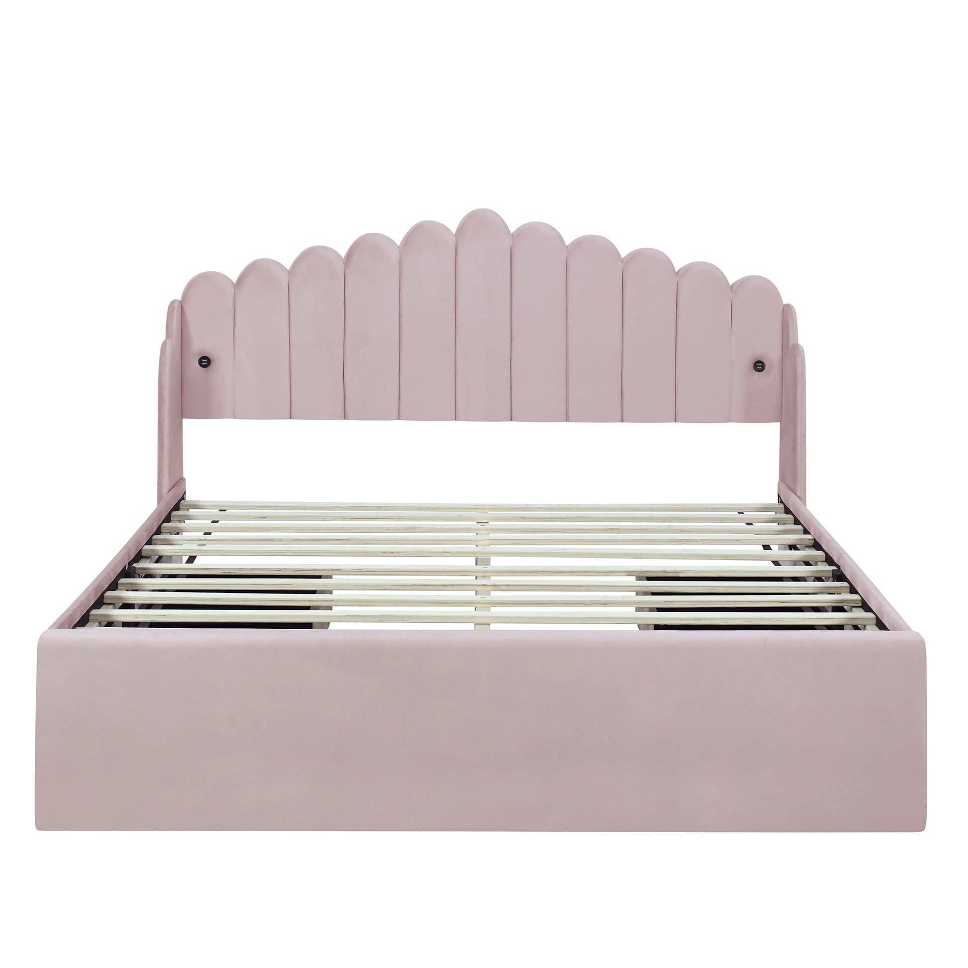 Queen Size Upholstered Platform Bed With 4 Drawers And 2 Usb, Pink Box Spring Not Required Queen Pink Wood Bedroom Bed Frame Polyester Upholstered