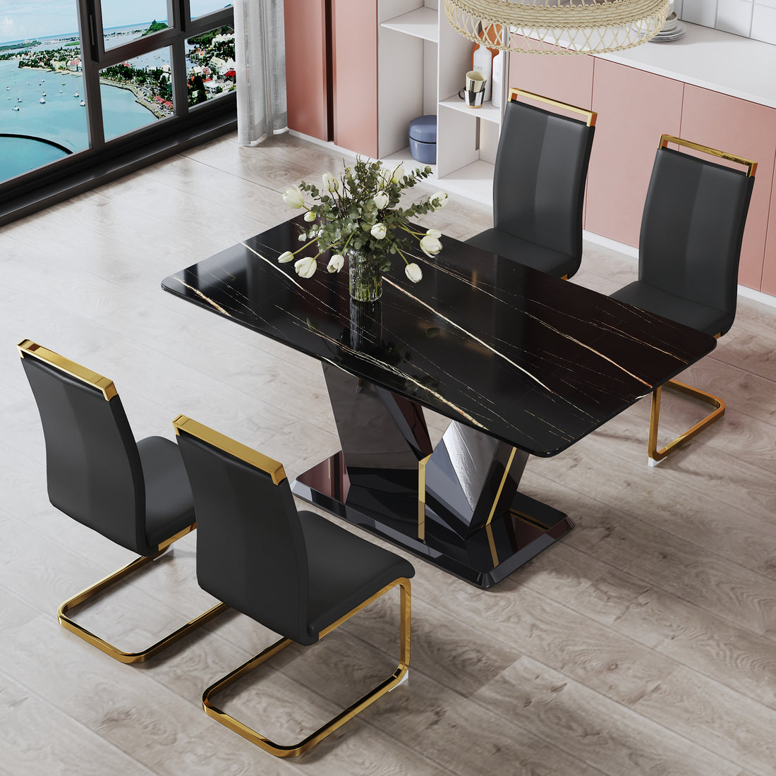 Table And Chair Set,Modern Minimalist Rectangular Dining Table, 0.4 Inch Thick, With A Black Imitation Marble Pattern Glass Desktop And Black Mdf Legs. Comfortable Pu Seats,Perfect For Dinner, Meet Black Seats 4 Mdf Glass