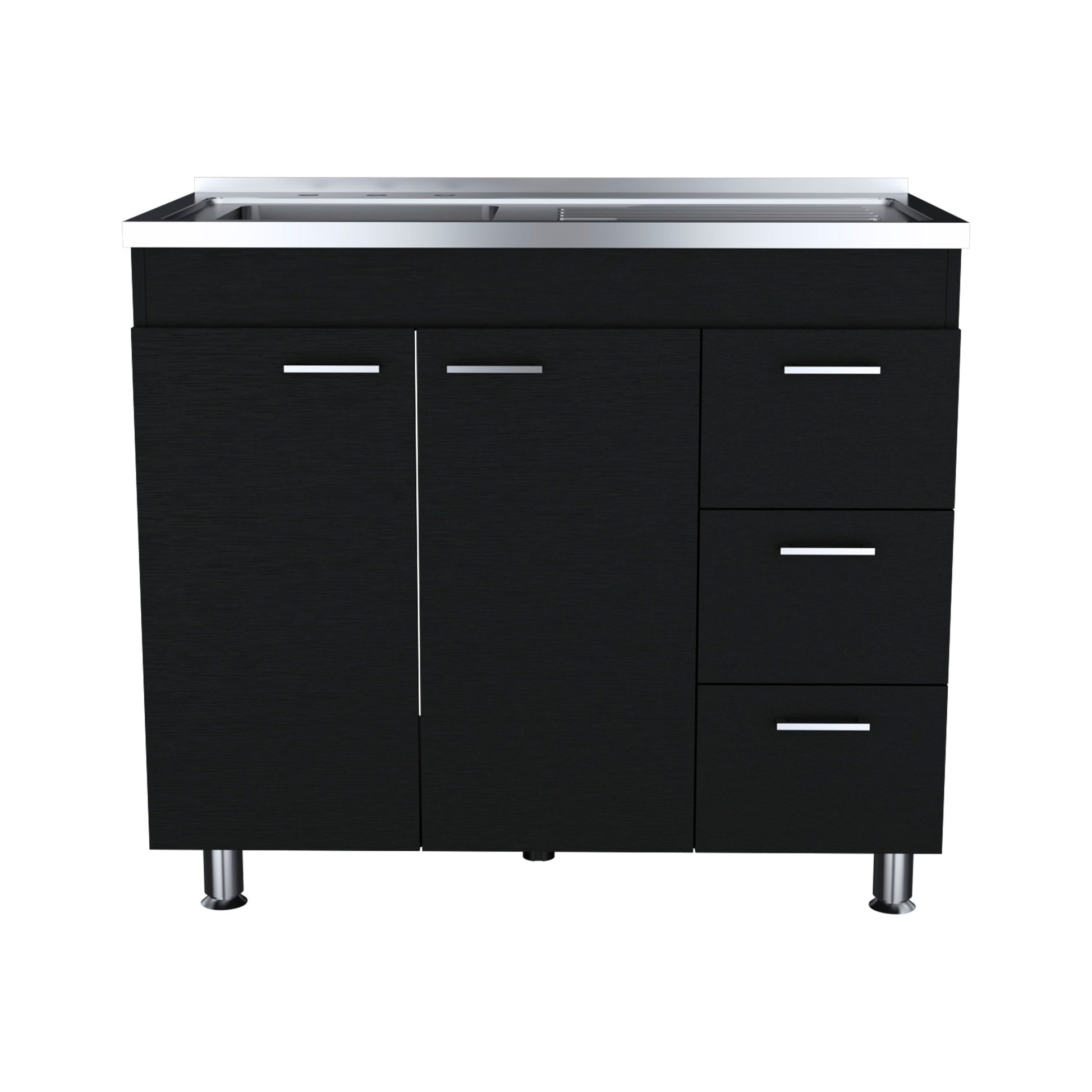 Ferretti Utility Sink With Three Drawers And Double Door Cabinet Black Black Kitchen Modern Particle Board