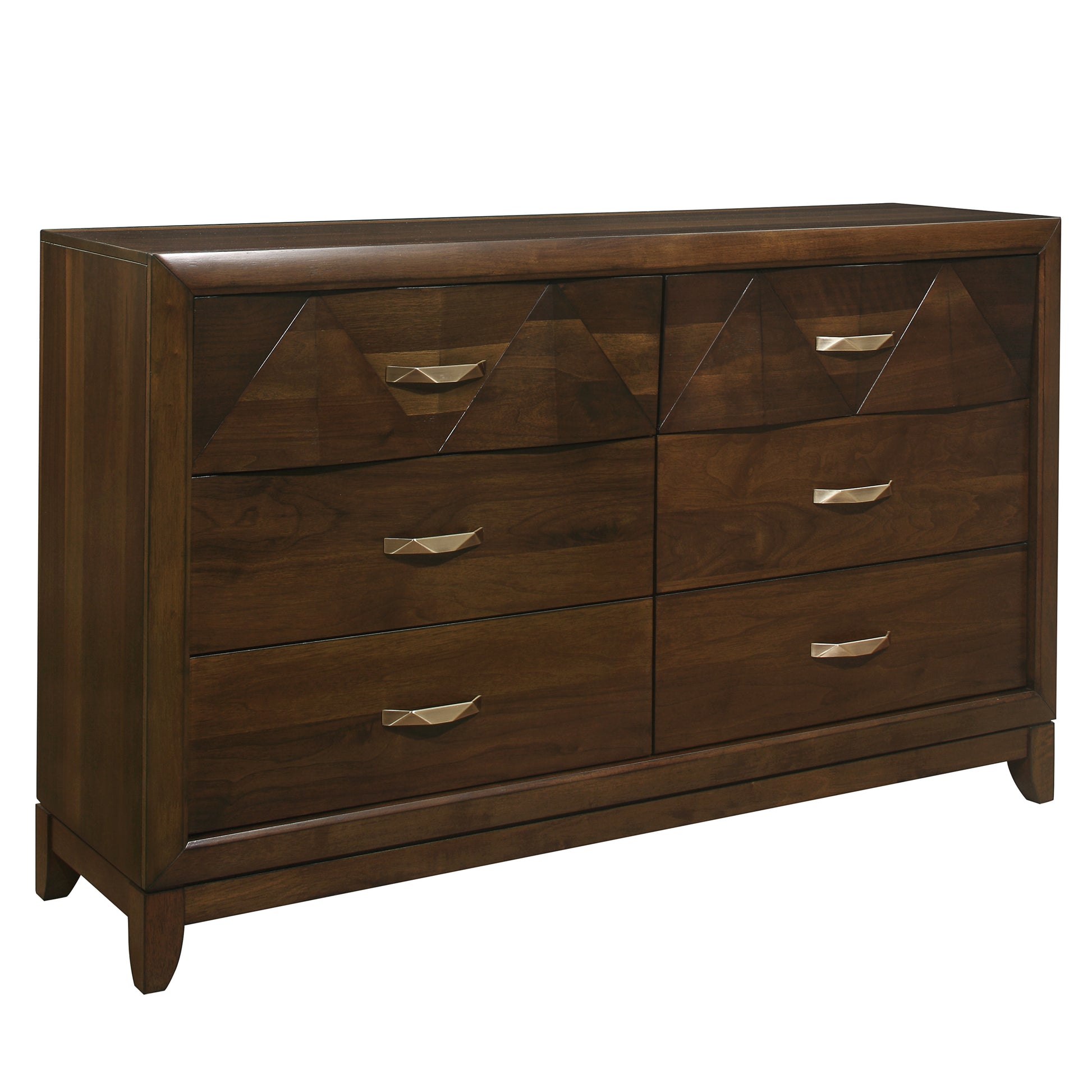 Modern Bedroom Walnut Finish 1Pc Dresser Of 6 Drawers Decorative Angled Front Satin Brass Tone Handles Wooden Furniture Walnut Contemporary,Modern Wood