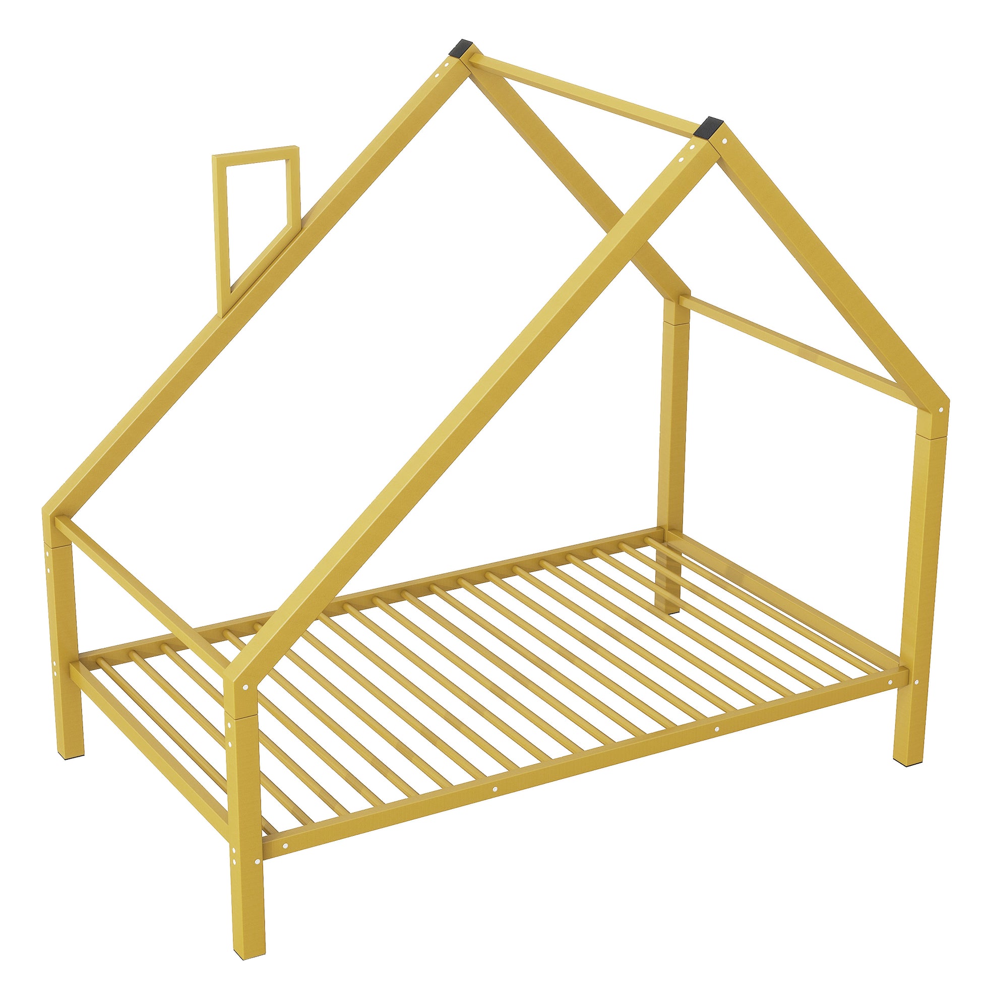 Twin Size Metal House Platform Bed With Roof And Chimney, Gold Box Spring Not Required Twin Gold Metal Bedroom Bed Frame Metal