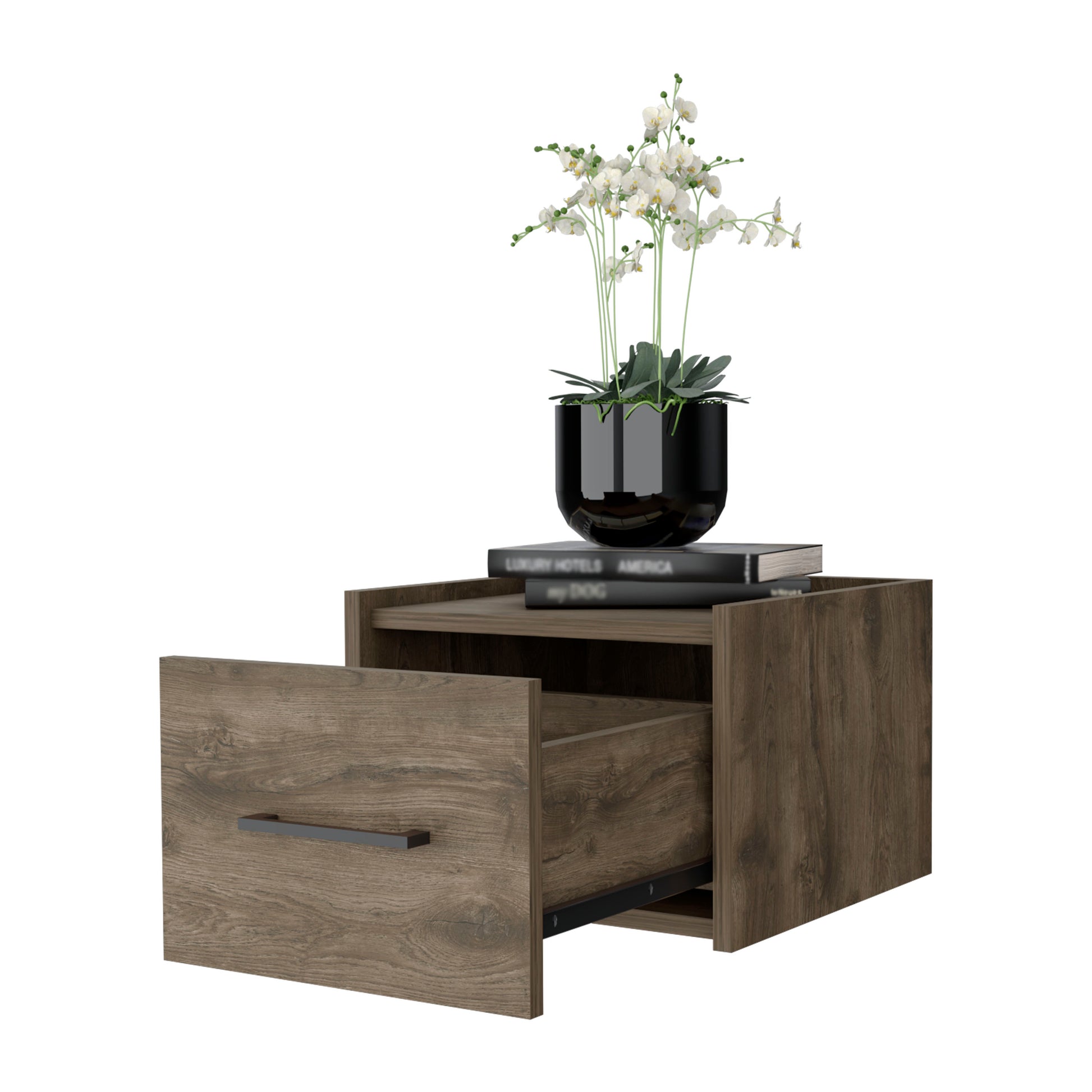 Elfrida Wall Mounted Nightstand, Sleek Single Drawer Design With Spacious Top Shelf Dark Brown Particle Board Engineered Wood