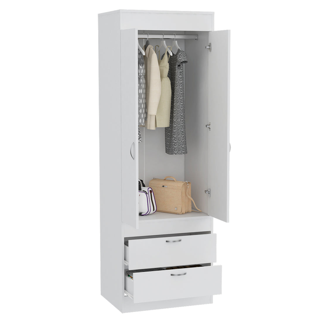 Lisboa Armoire, Rod, Double Door, Two Drawers, Metal Handles White White Bedroom Modern Particle Board