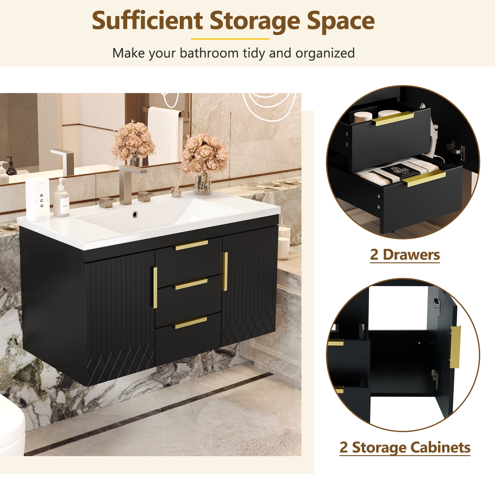36'' Wall Mounted Bathroom Vanity With Resin Sink, Floating Bathroom Storage Cabinet With 2 Drawers, Solid Wood Bathroom Cabinet Black Bathroom Modern Mdf