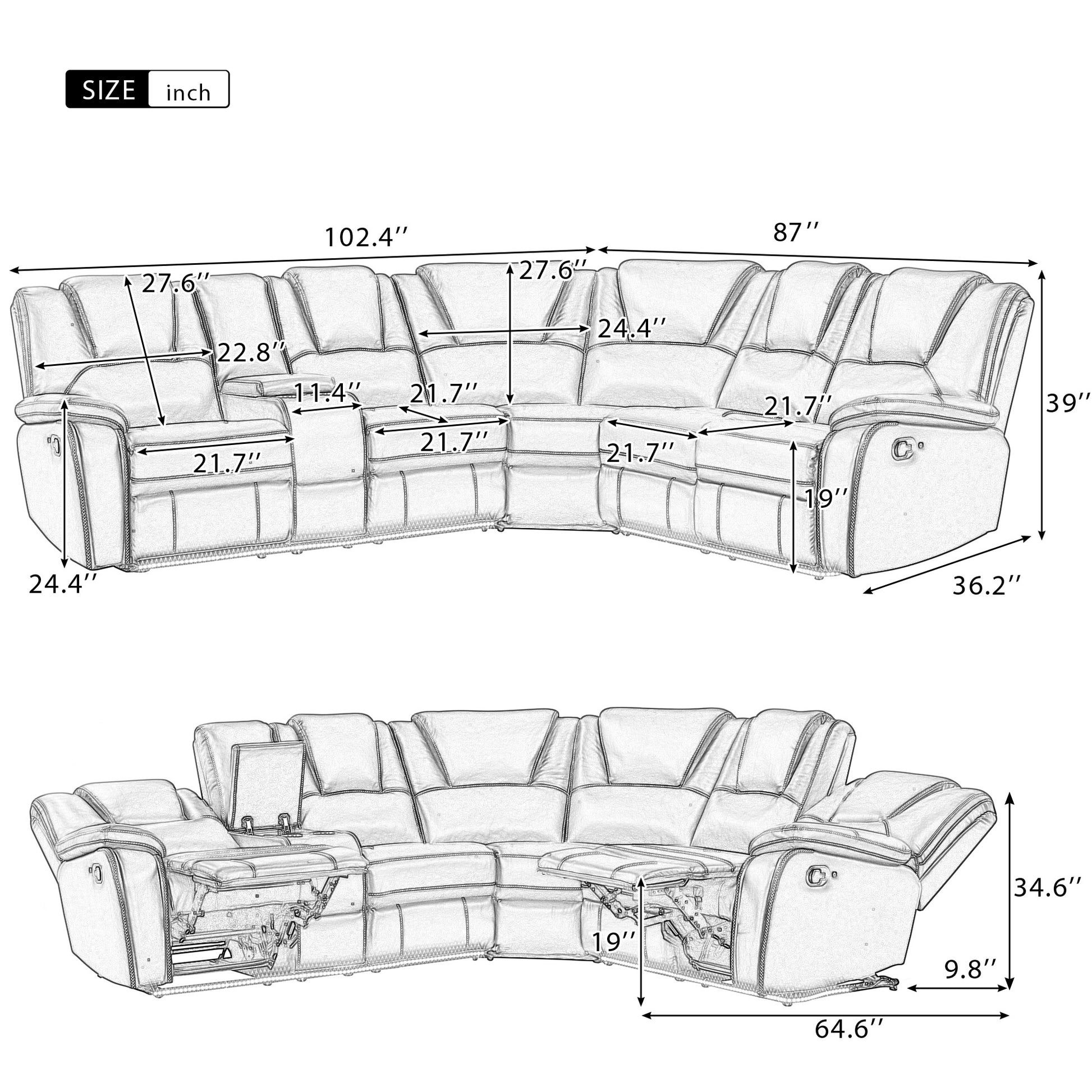 Modern Faux Leather Manual Reclining With Center Console With Led Light Strip,Living Room Furniture Set,Pu Symmetrical Couch With 2 Cup Holders And Storage For Living Room,Black Black Foam Pu Leather 6 Seat