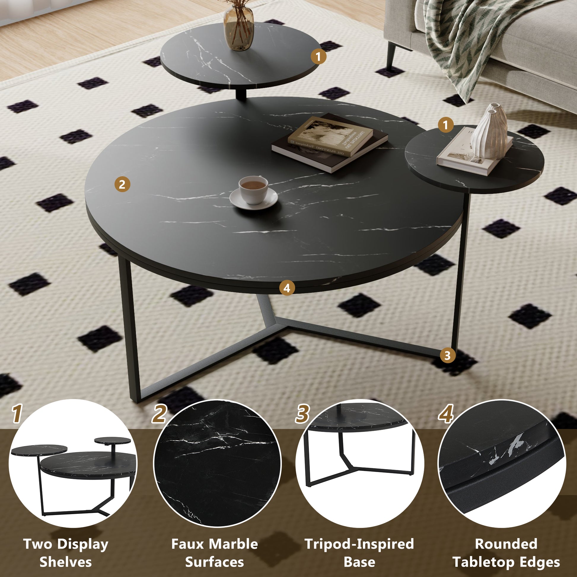 Modern Coffee Table With Two Display Shelves, Black Faux Marble Surfaces, Tripod Inspired Base,Rounded Tabletop Edges Matte Black Mdf