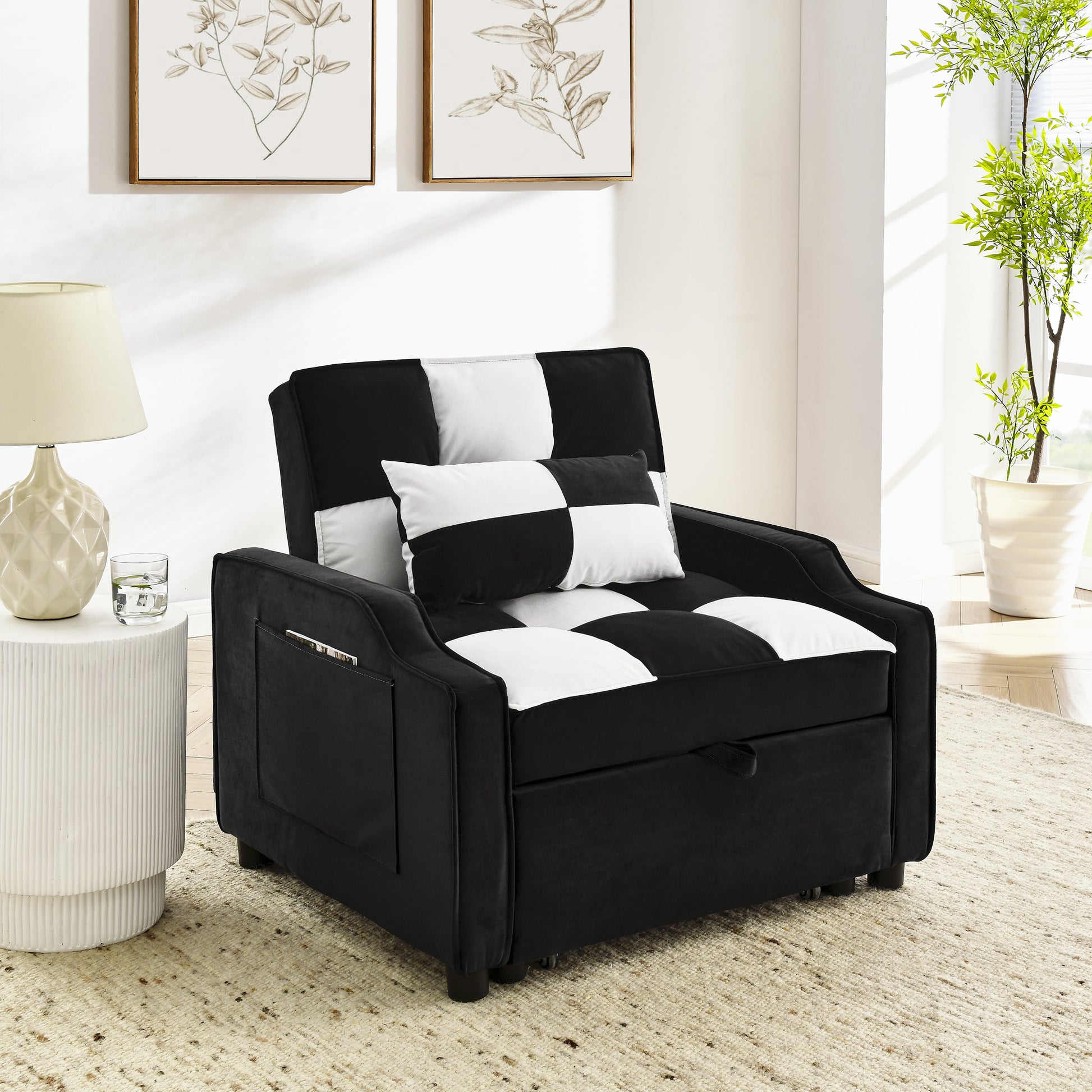Modern Velvet Armchair Sofa Couch Pull Out Bed,3 In One Convertible For Living Room Sofa Bed,Black White Black White Velvet Primary Living Space Cushion Back Medium Soft Medium Duty American Design Pillow Top Arms Foam Velvet 1 Seat